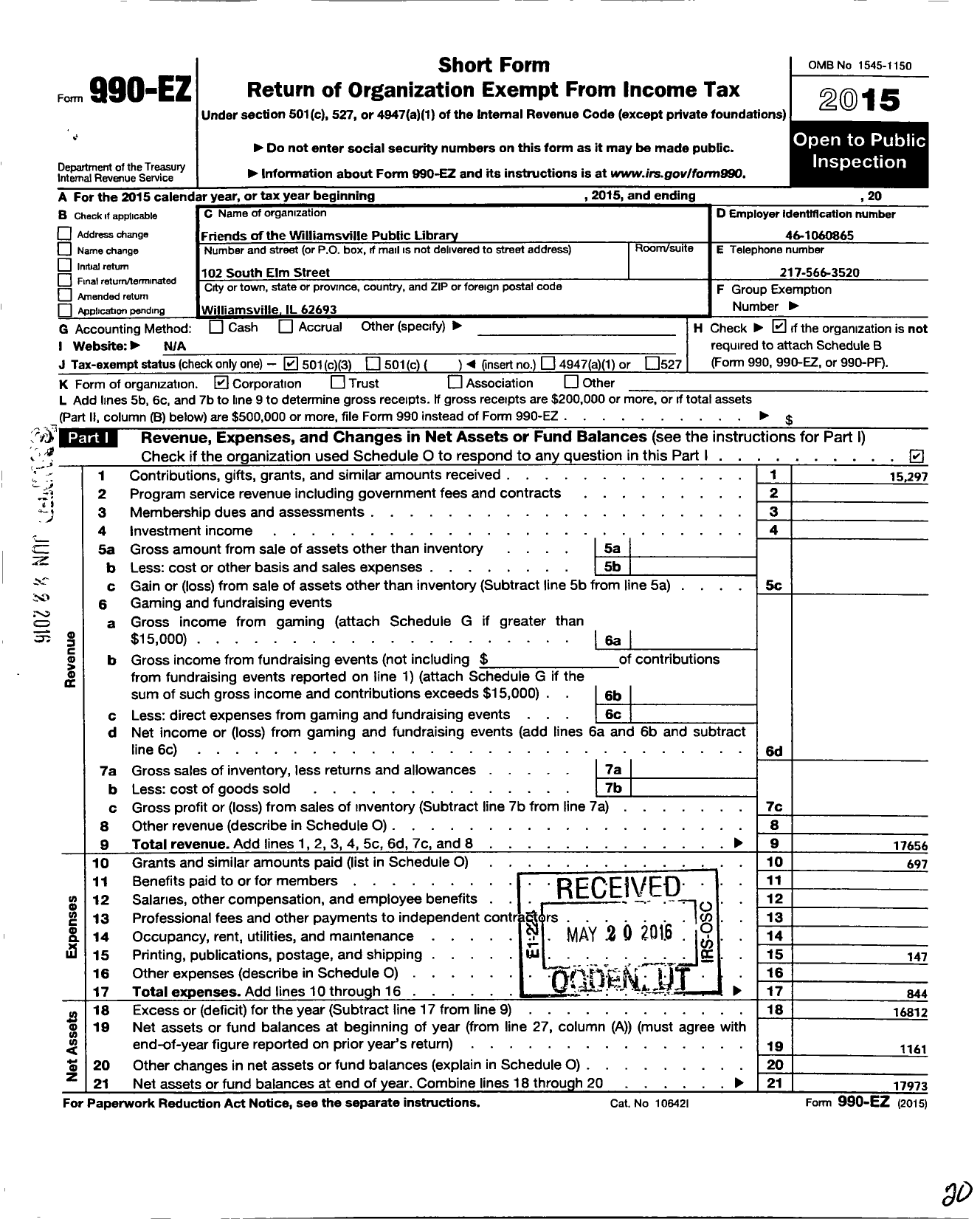 Image of first page of 2015 Form 990EZ for Friends of the Williamsville Public Library