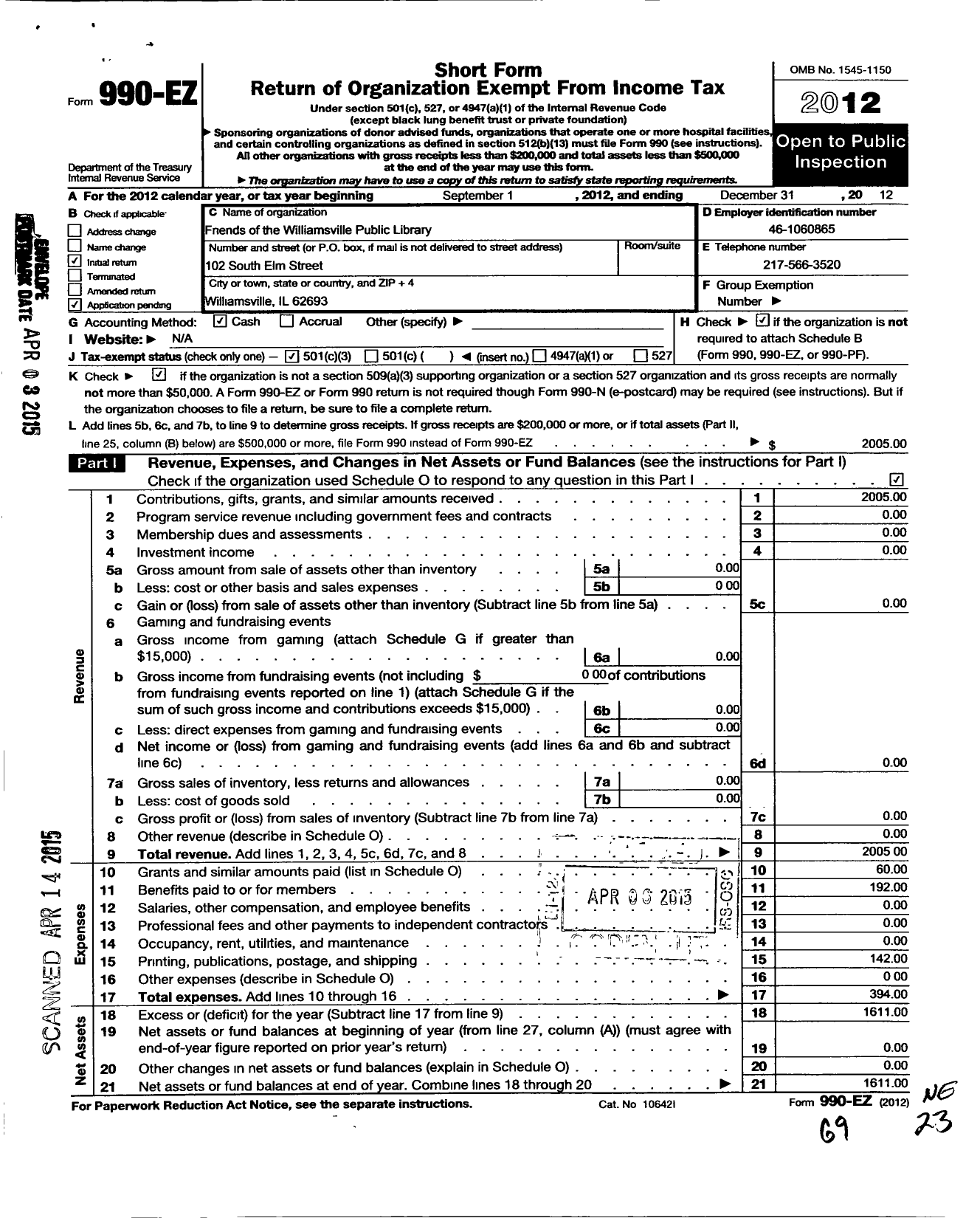 Image of first page of 2012 Form 990EZ for Friends of the Williamsville Public Library