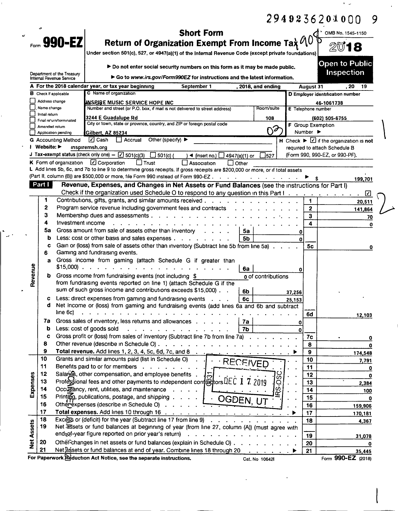 Image of first page of 2018 Form 990EZ for Inspire Music Service Hope