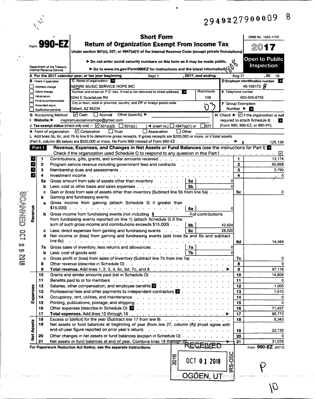 Image of first page of 2017 Form 990EZ for Inspire Music Service Hope