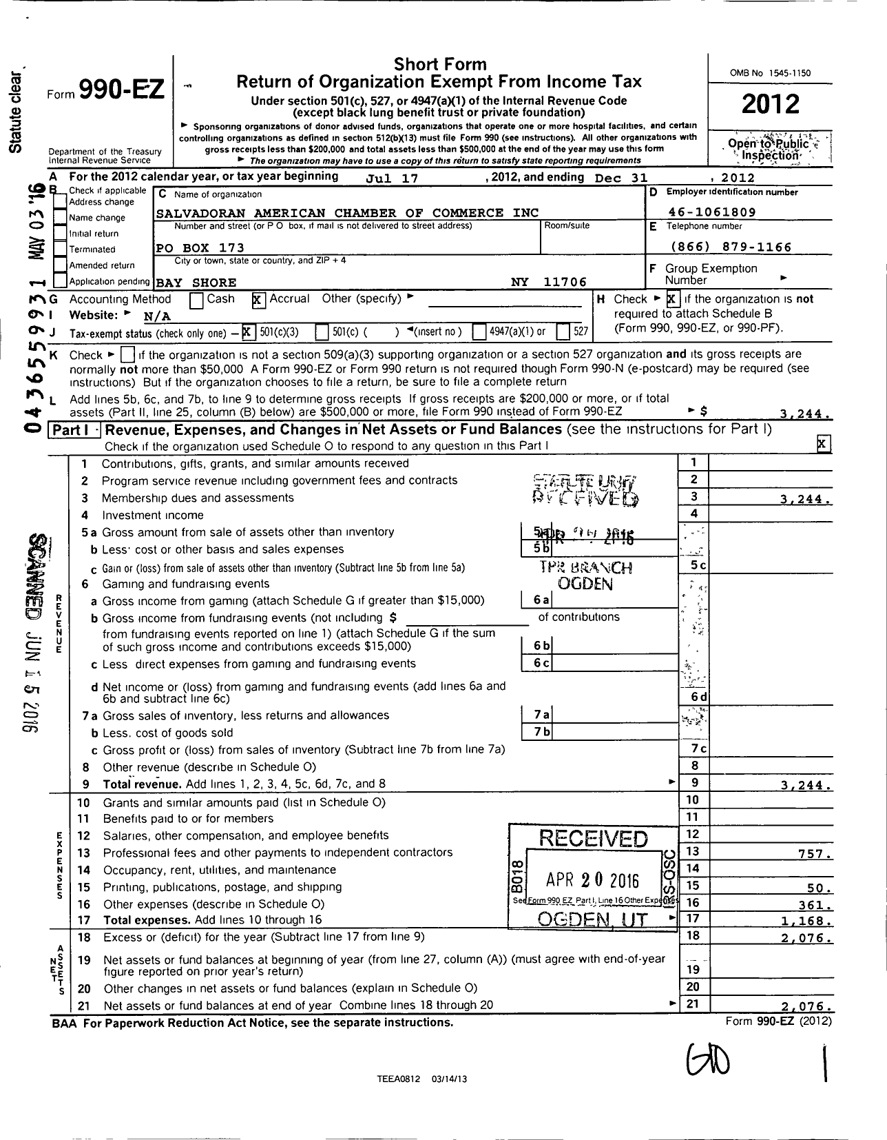 Image of first page of 2012 Form 990EZ for Salvadoran American Chamber Of Commerce