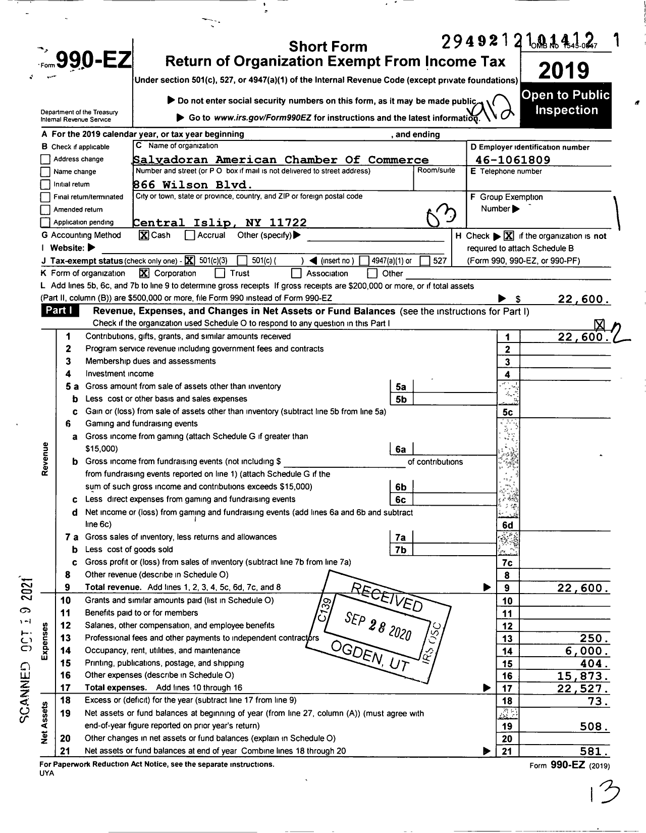 Image of first page of 2019 Form 990EZ for Salvadoran American Chamber Of Commerce