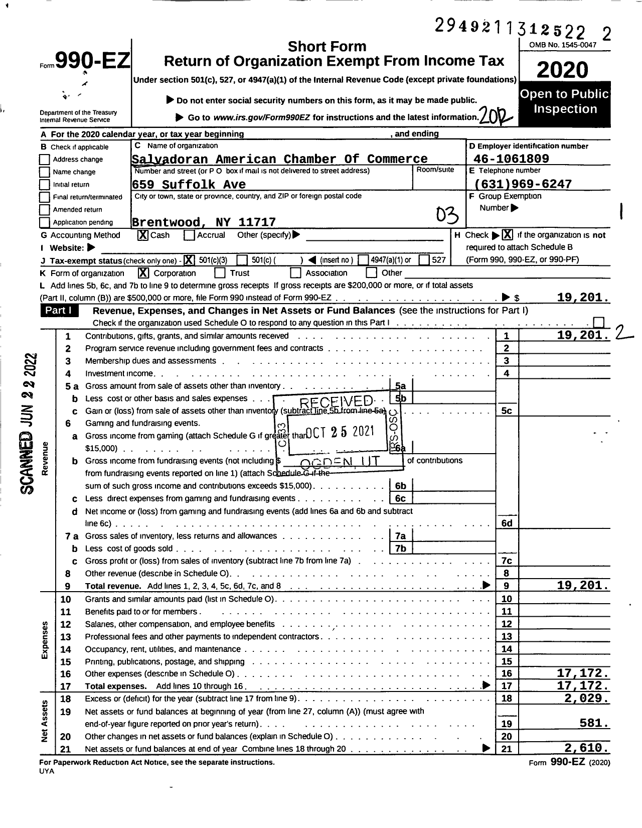 Image of first page of 2020 Form 990EZ for Salvadoran American Chamber Of Commerce