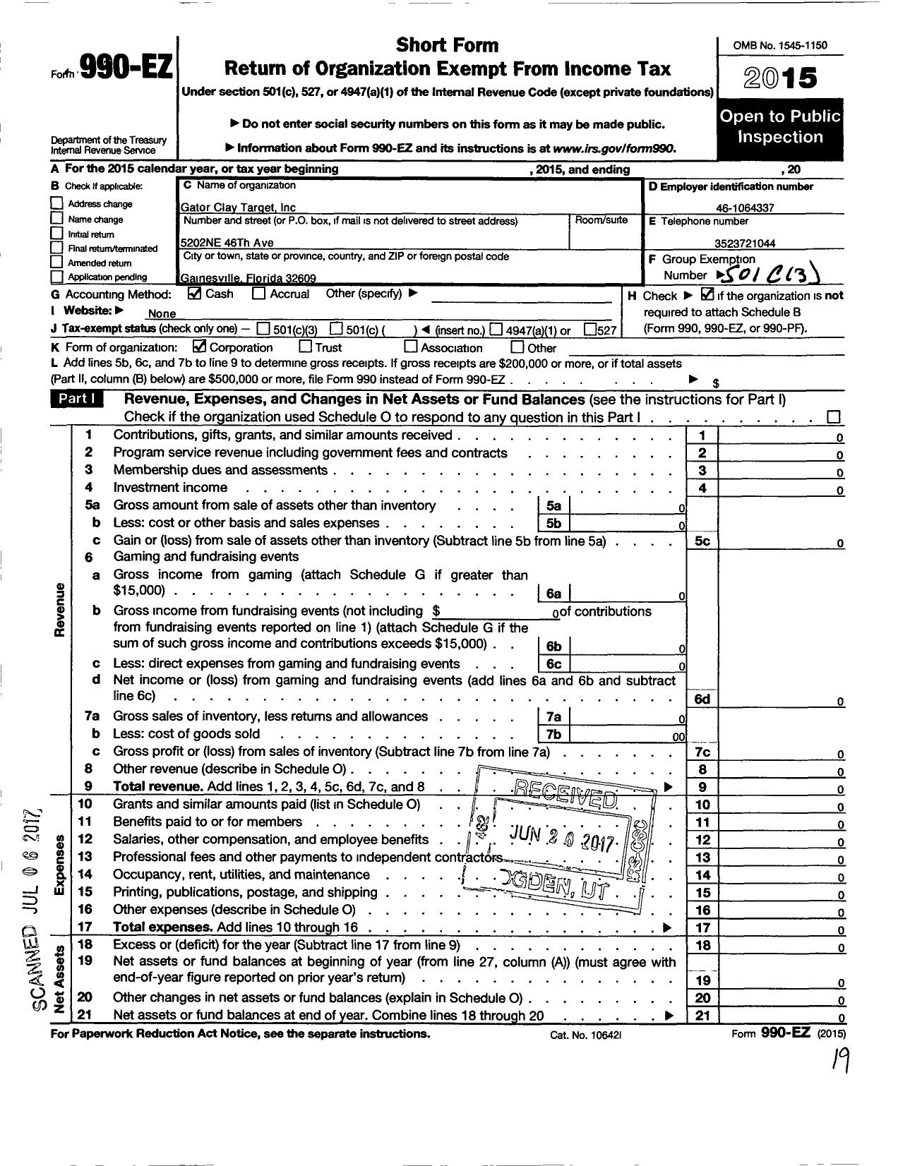 Image of first page of 2015 Form 990EO for Gator Clay Target