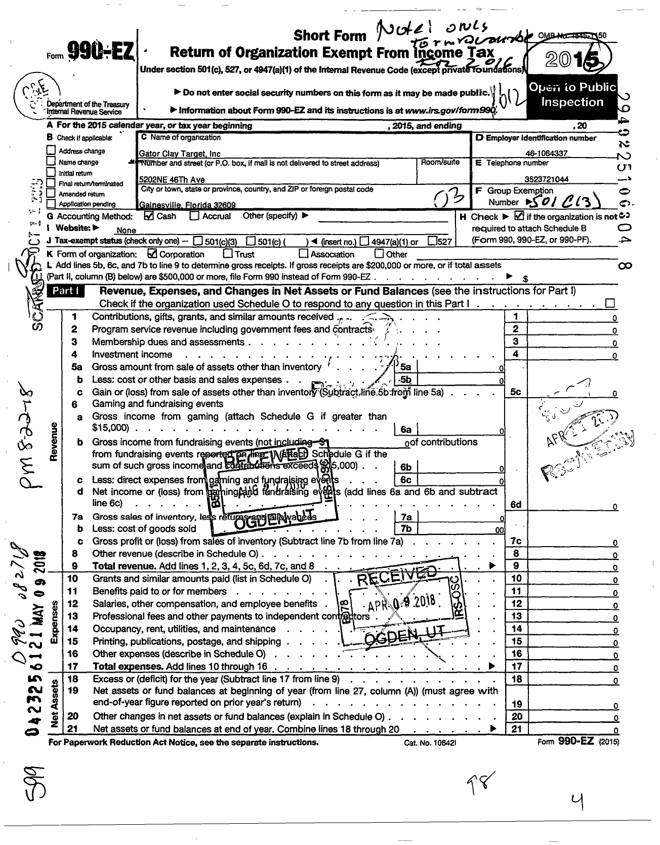 Image of first page of 2016 Form 990EZ for Gator Clay Target