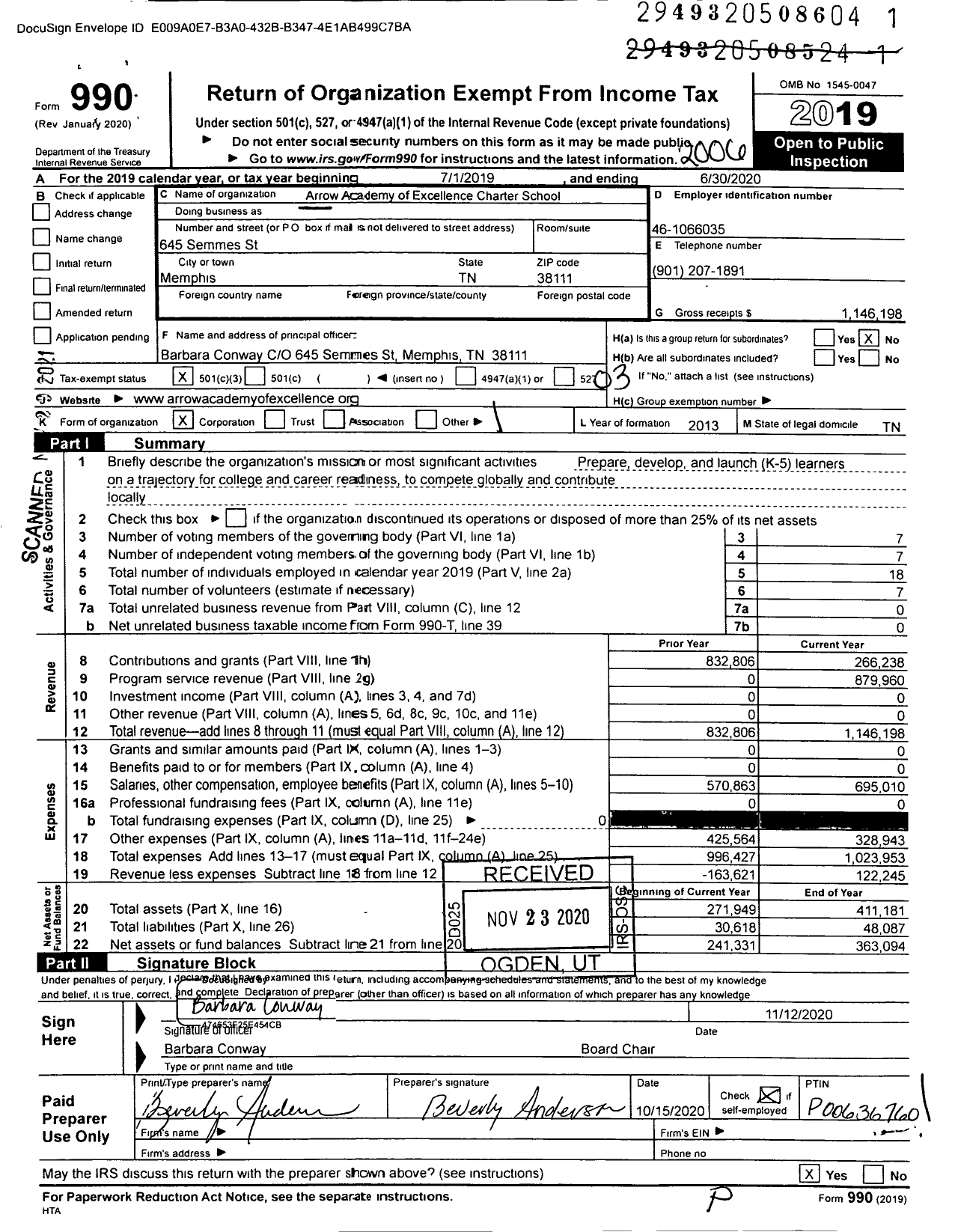 Image of first page of 2019 Form 990 for Arrow Academy of Excellence