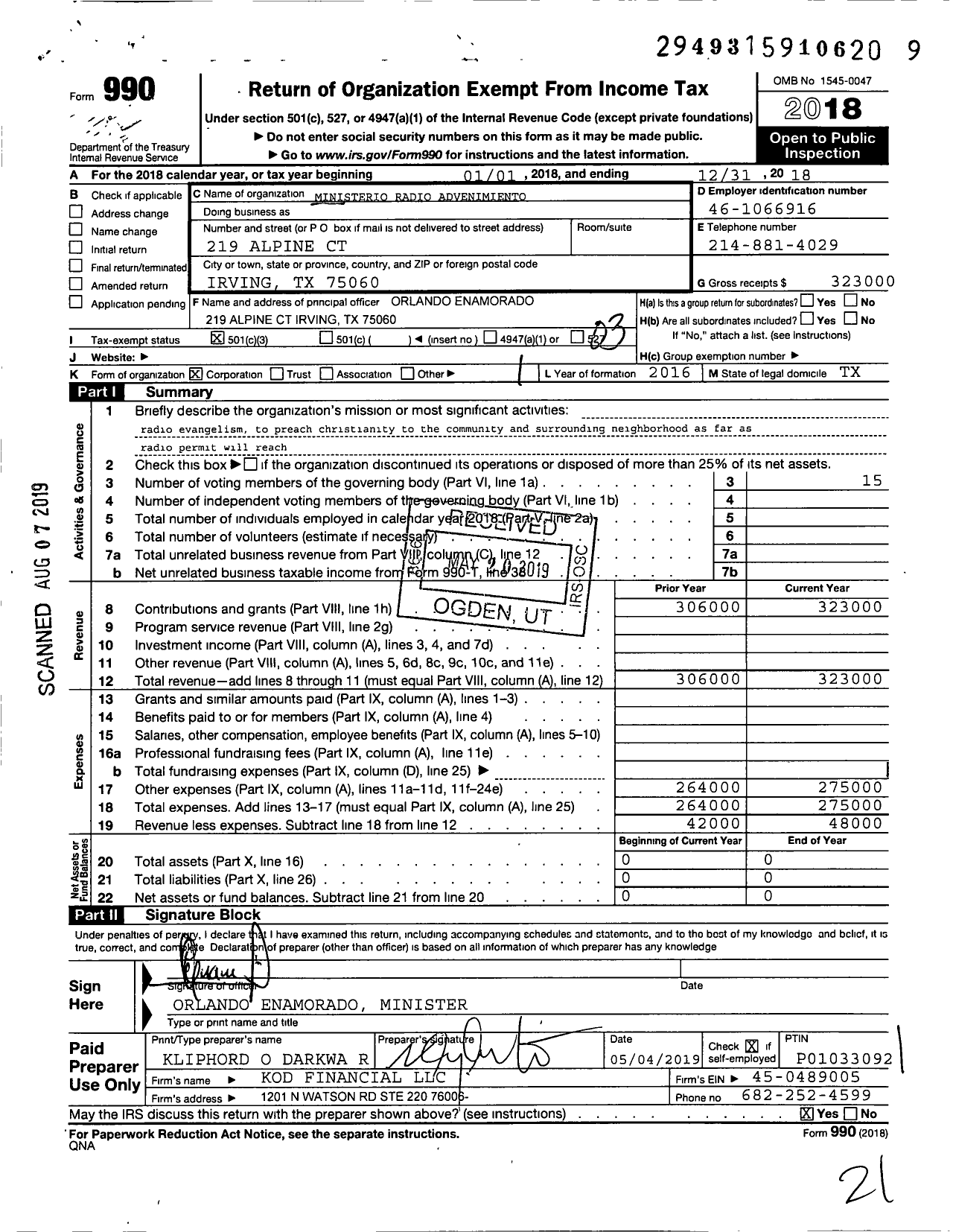 Image of first page of 2018 Form 990 for Ministerio Radio Advenimiento