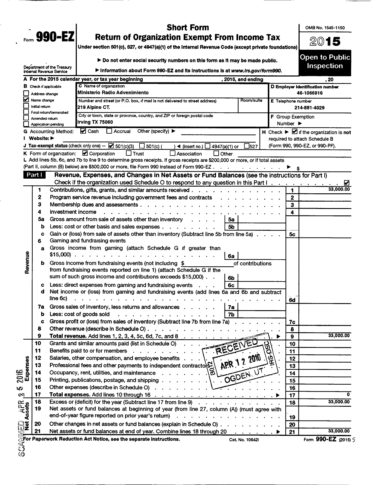 Image of first page of 2015 Form 990EZ for Ministerio Radio Advenimiento