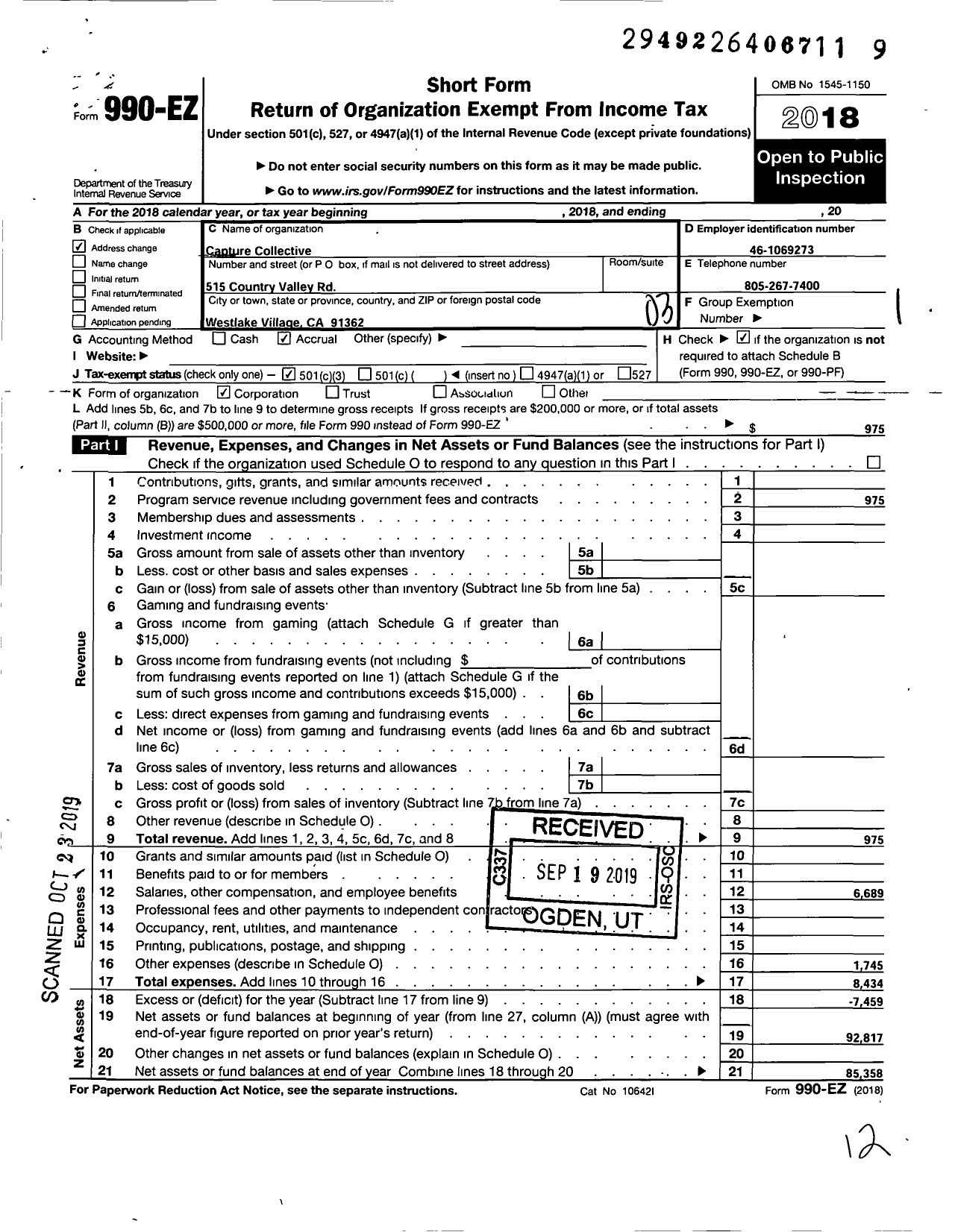 Image of first page of 2018 Form 990EZ for Capture Collective