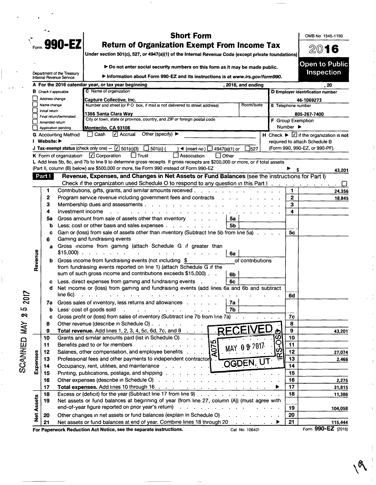 Image of first page of 2016 Form 990EZ for Capture Collective