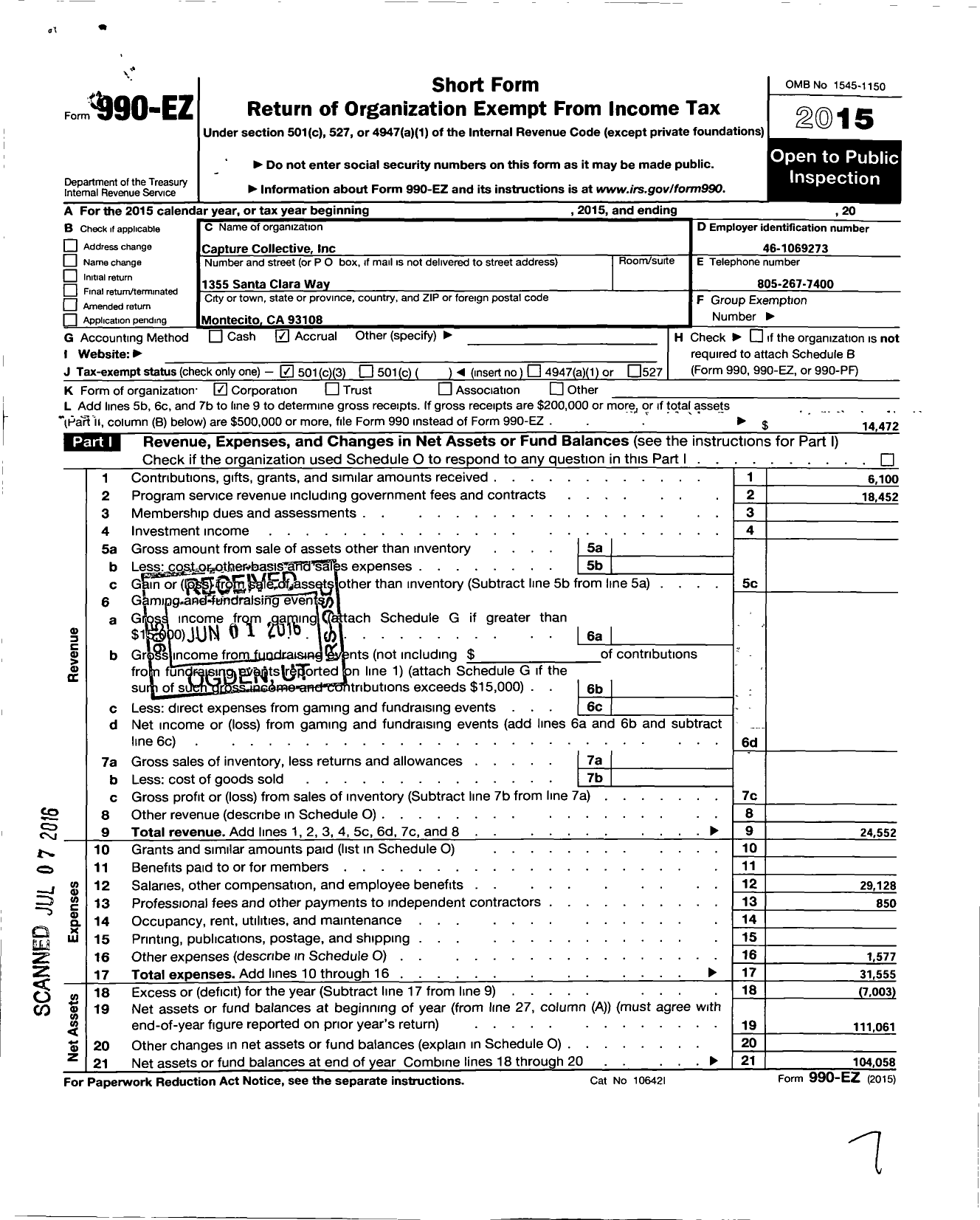 Image of first page of 2015 Form 990EZ for Capture Collective