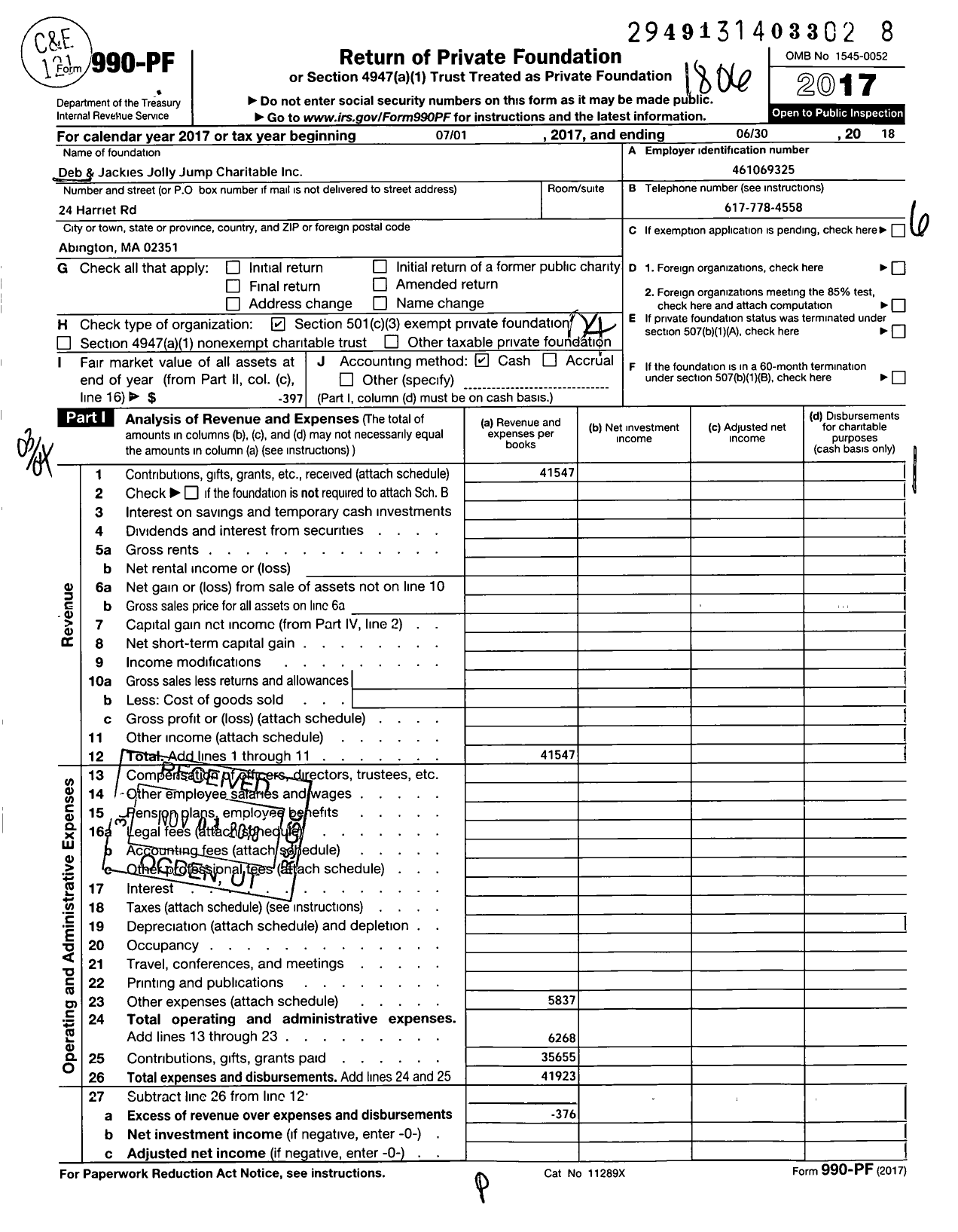 Image of first page of 2017 Form 990PF for Deb and Jackies Jolly Jump