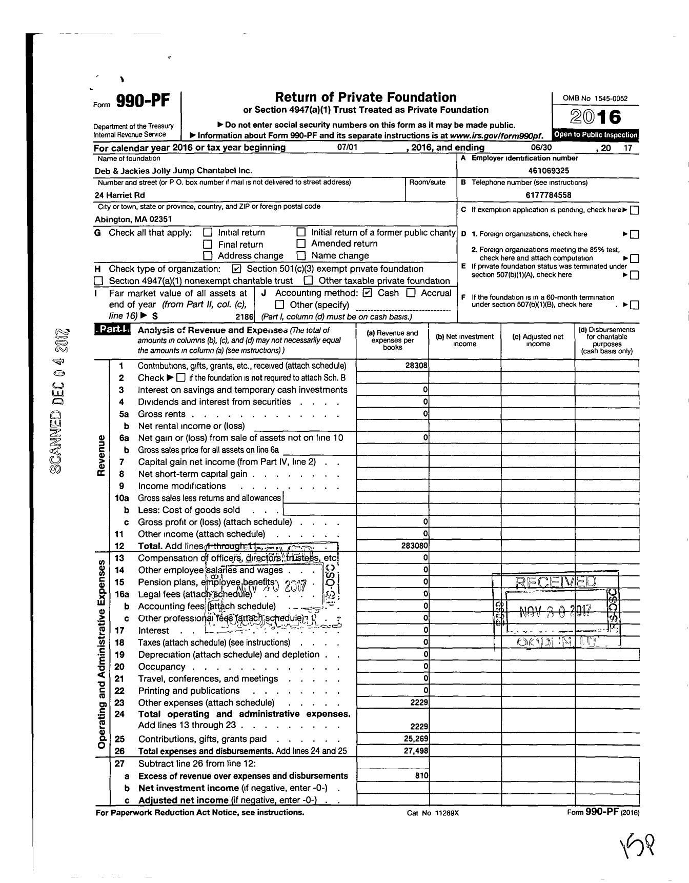 Image of first page of 2016 Form 990PF for Deb and Jackies Jolly Jump