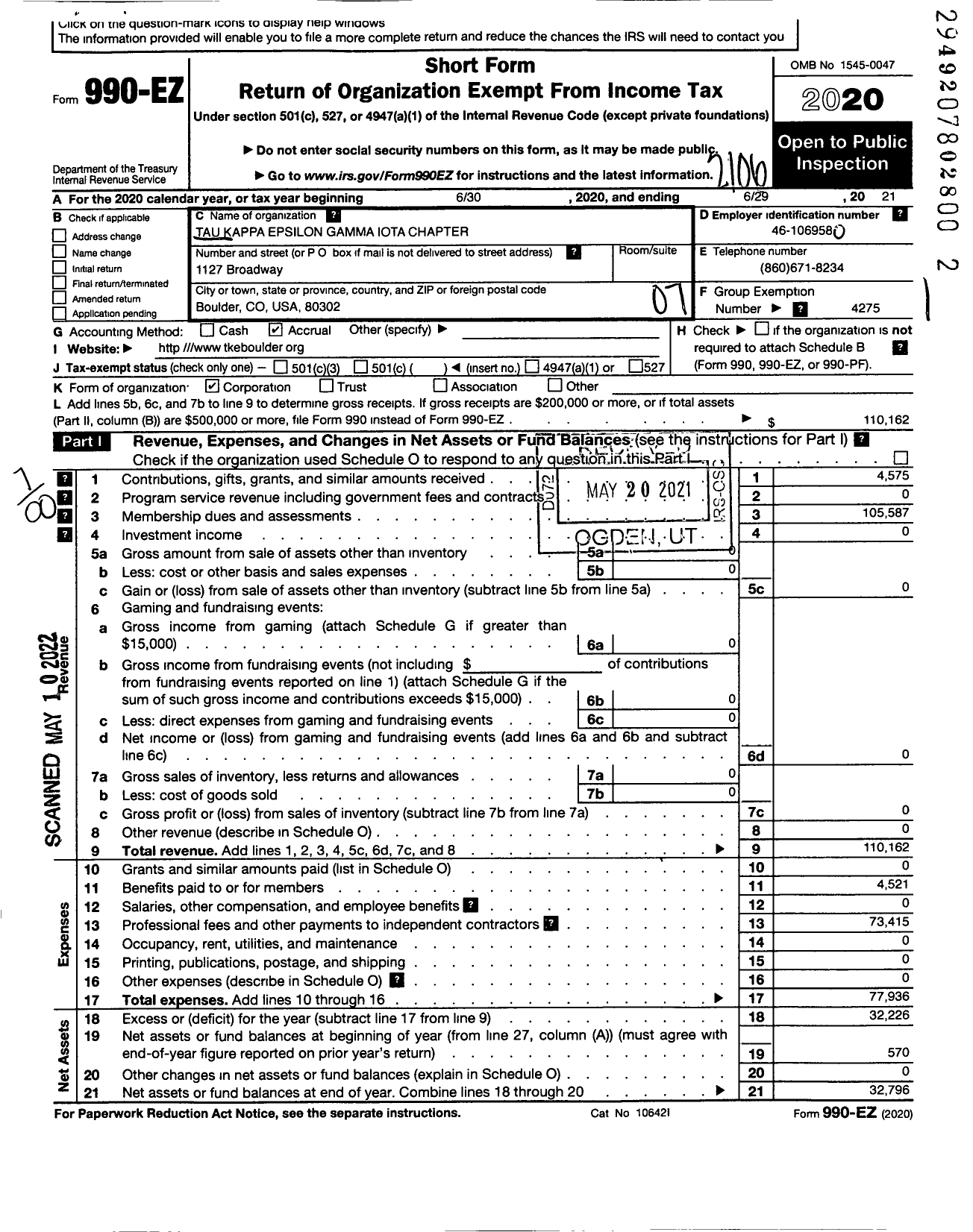 Image of first page of 2020 Form 990EO for Tau KAPPA EPSILON Fraternity - 181 Gamma-Iota