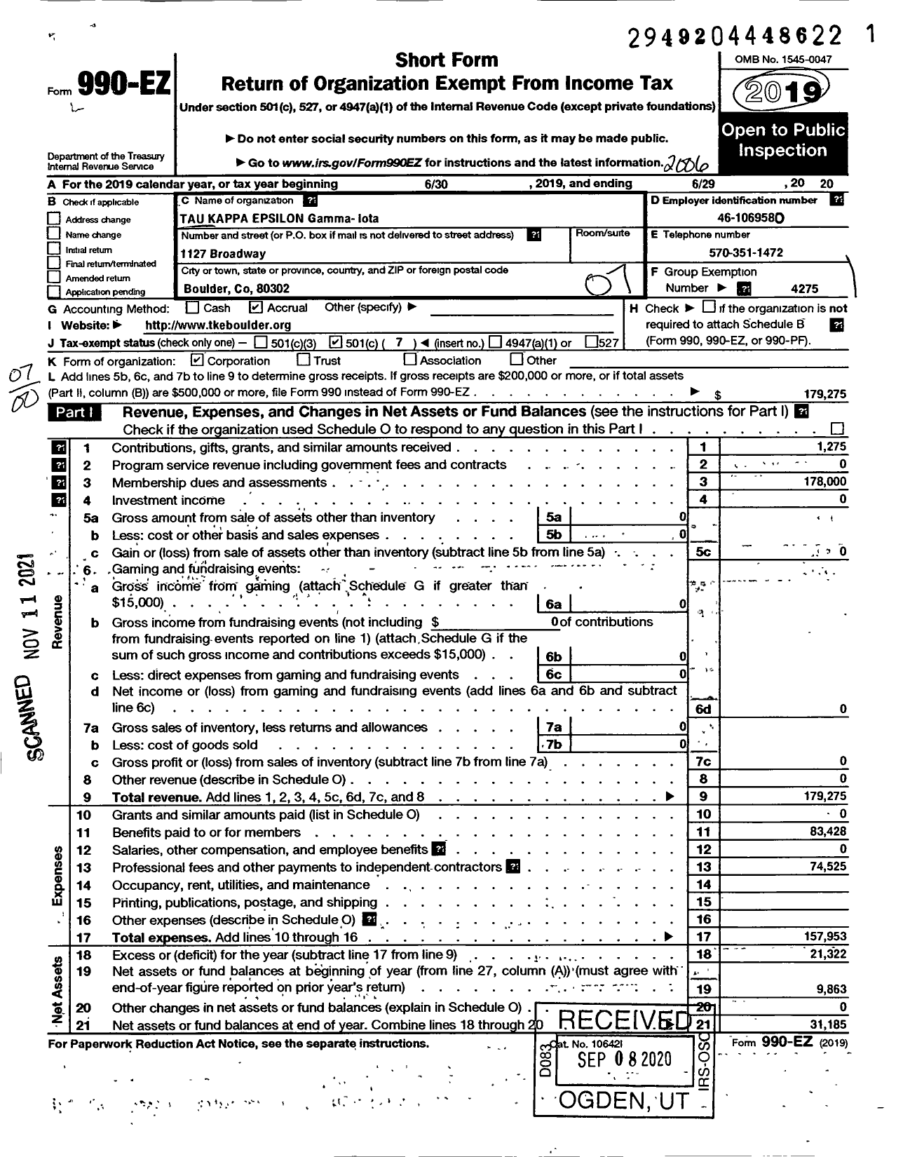 Image of first page of 2019 Form 990EO for Tau KAPPA EPSILON Fraternity - 181 Gamma-Iota