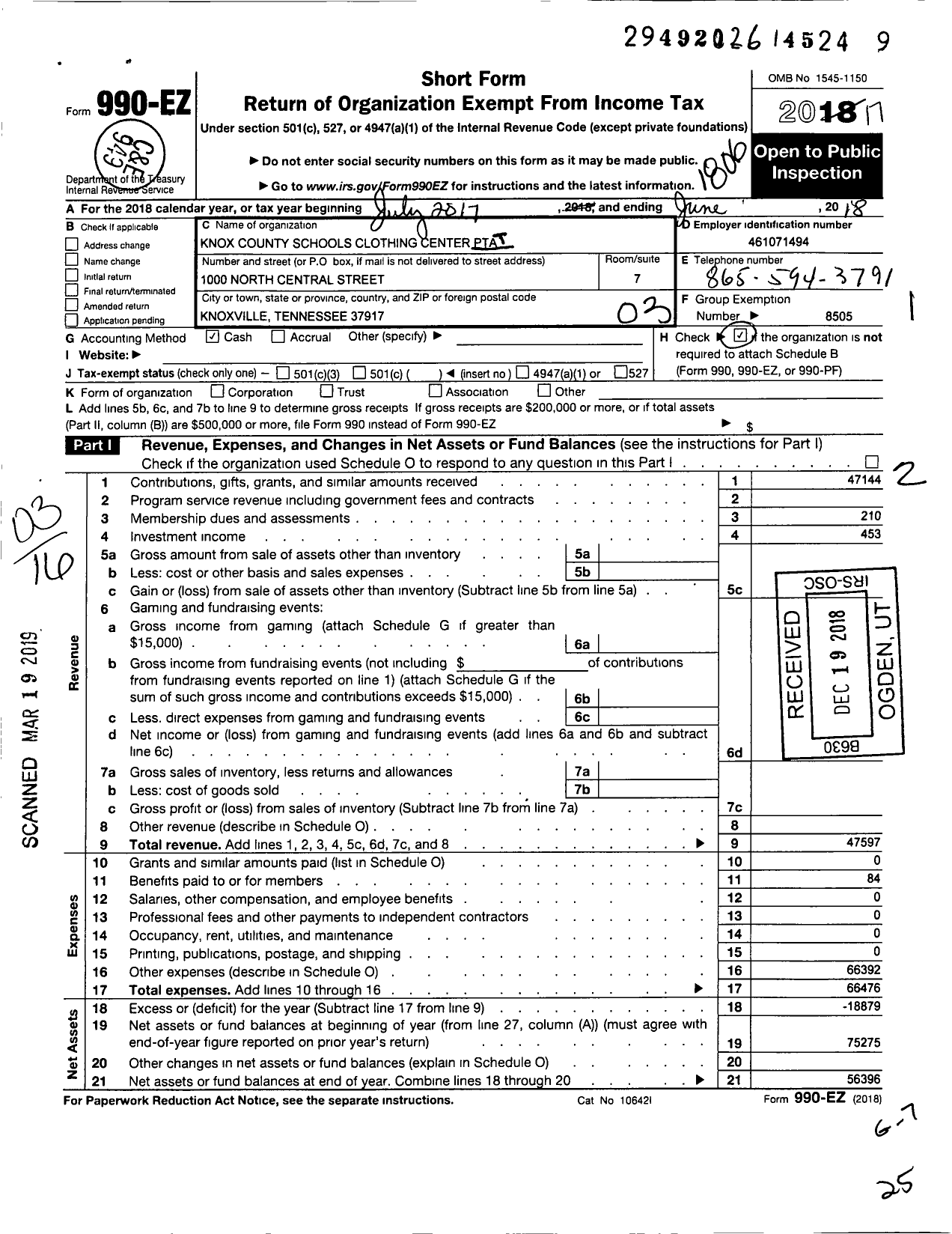 Image of first page of 2017 Form 990EZ for PTA Tennessee Congress of Parents Teachers Knox County Schools Clothing Center