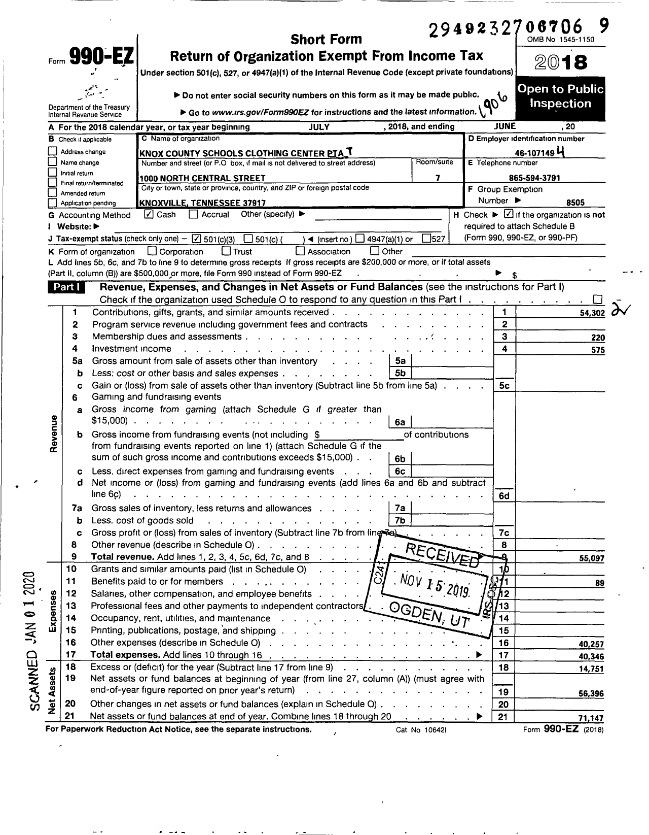 Image of first page of 2018 Form 990EZ for PTA Tennessee Congress of Parents Teachers Knox County Schools Clothing Center