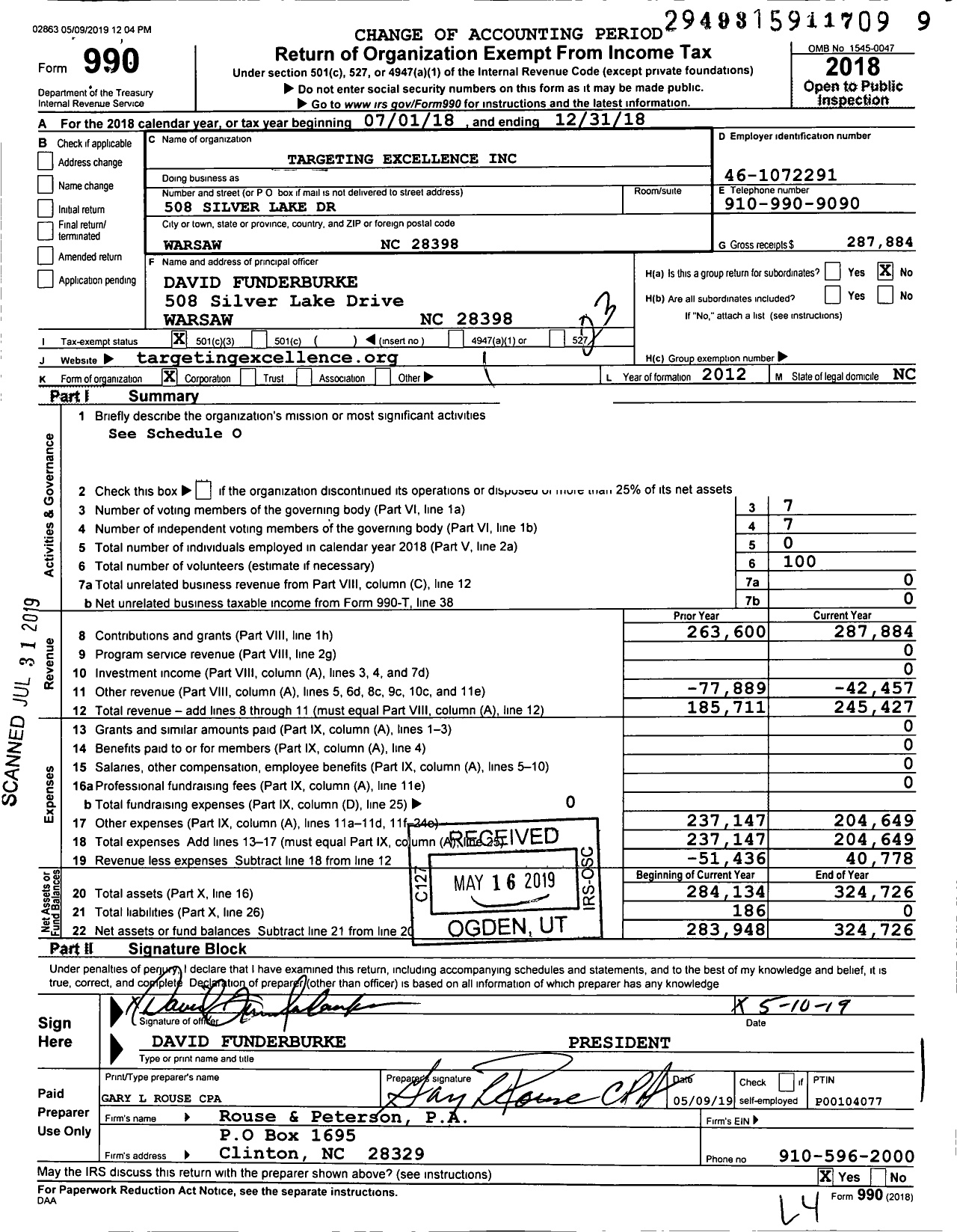 Image of first page of 2018 Form 990 for Targeting Excellence