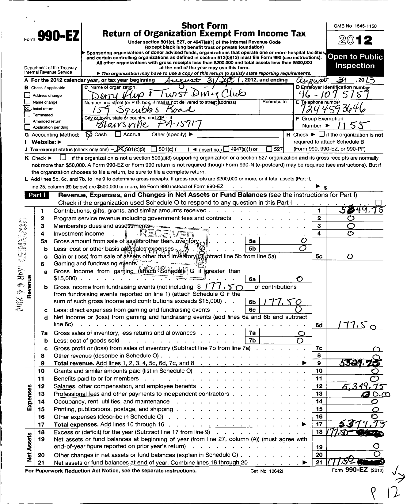 Image of first page of 2012 Form 990EZ for Amateur Athletic Union - Derry Flip and Twist Diving Club