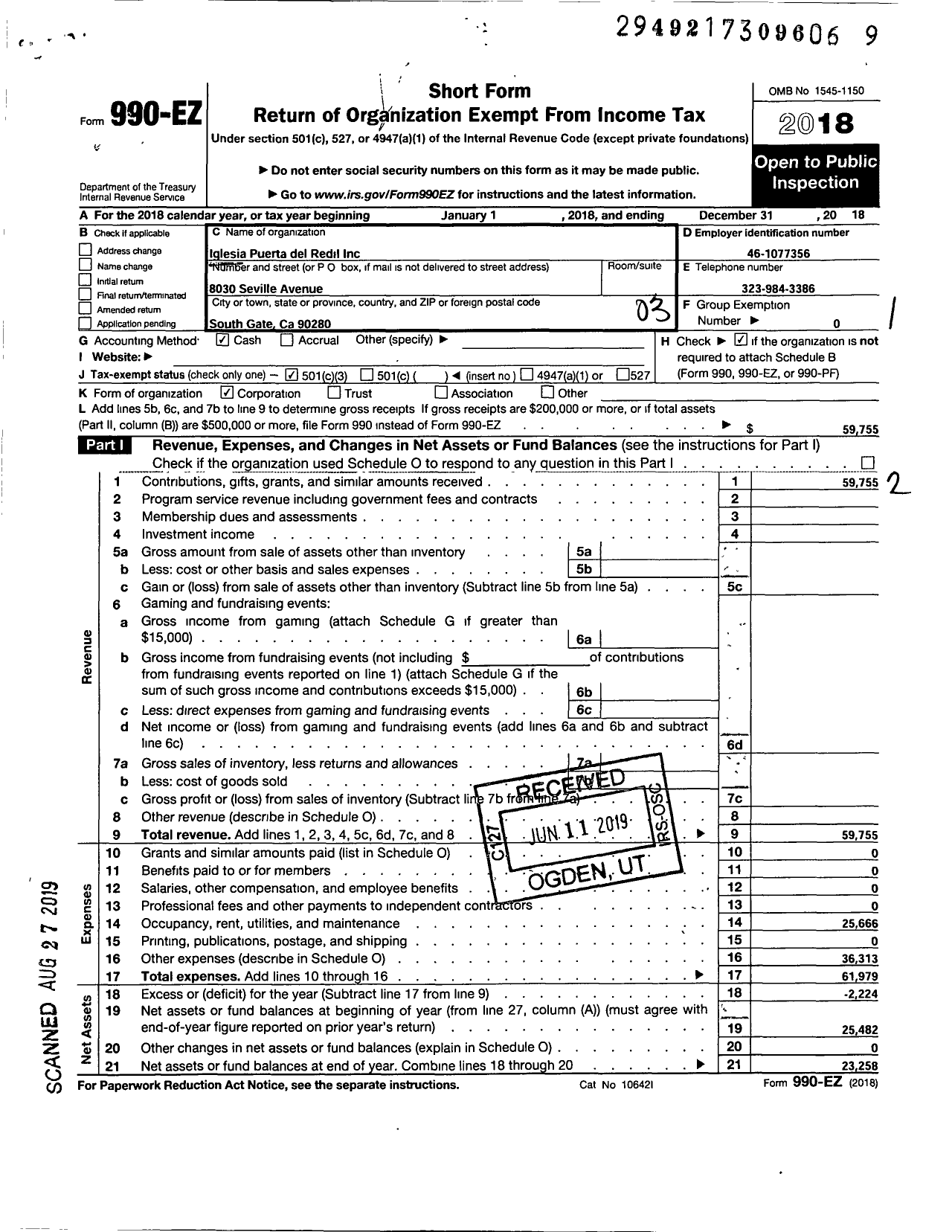 Image of first page of 2018 Form 990EZ for Iglesia Puerta del Redil