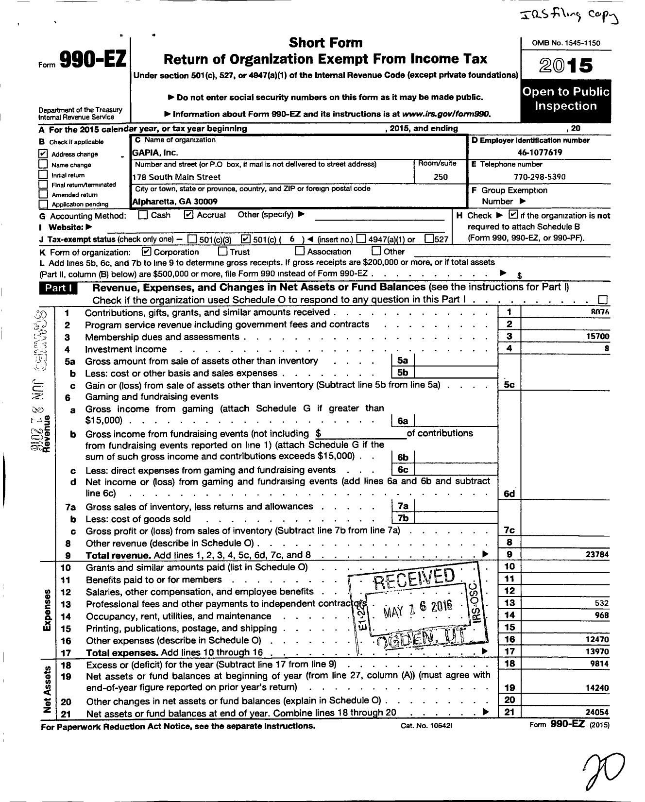 Image of first page of 2015 Form 990EO for Gapia