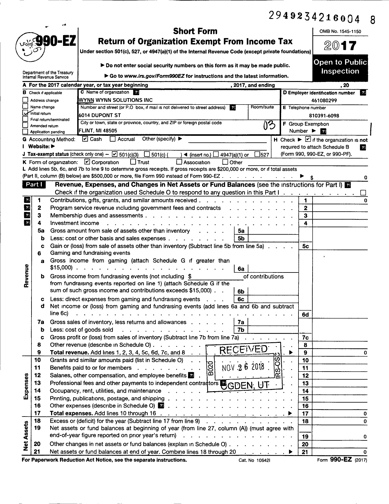 Image of first page of 2017 Form 990EZ for Wynn Wynn Solutions