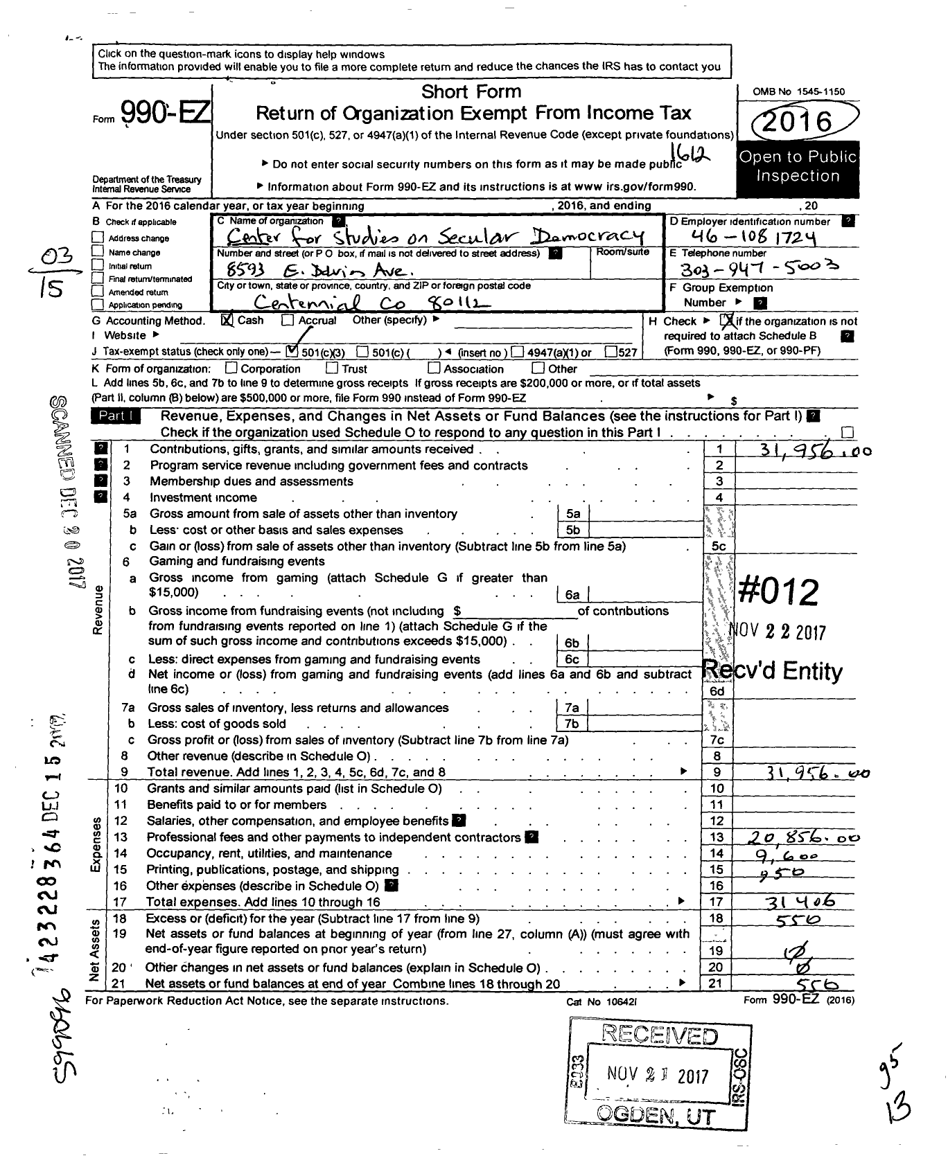 Image of first page of 2016 Form 990EZ for Center for Studies on Secular Democracy