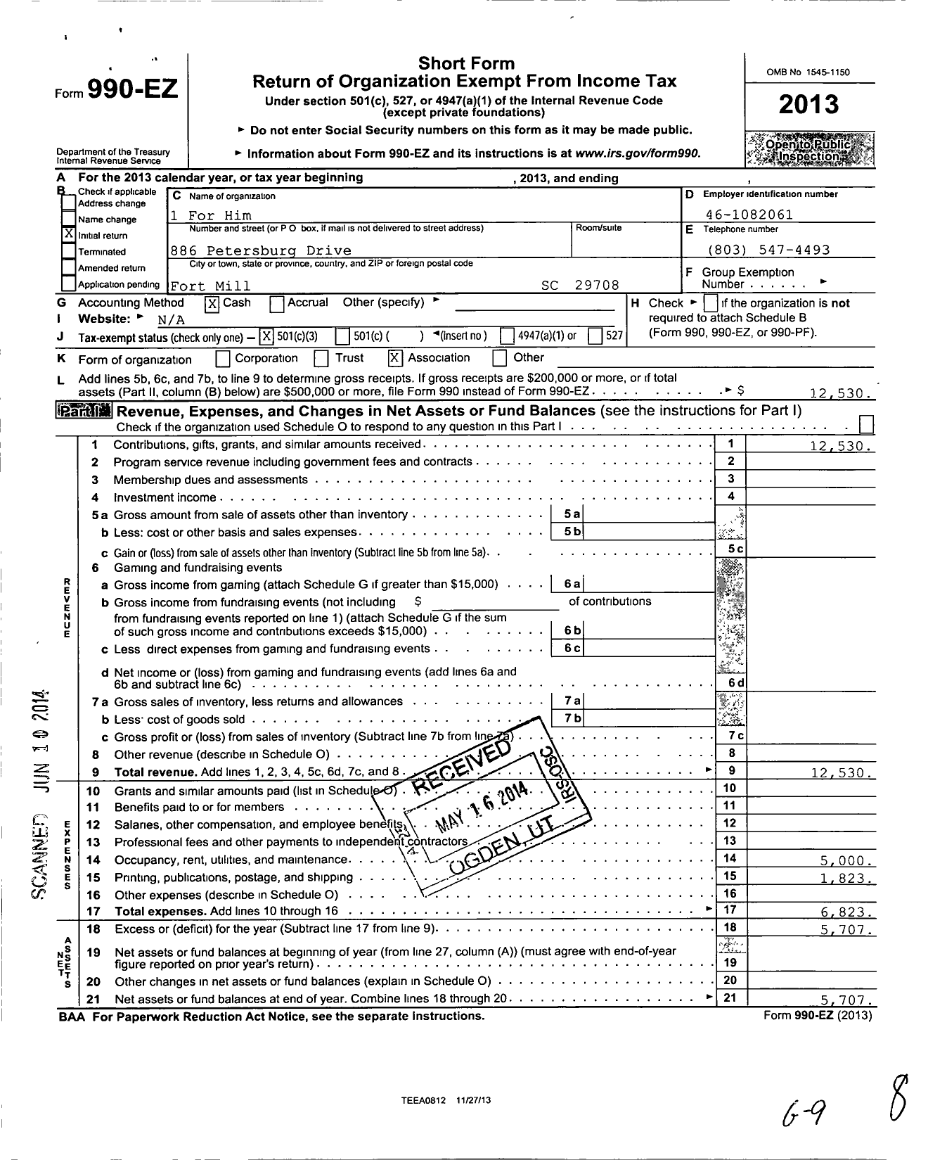 Image of first page of 2013 Form 990EZ for 1 For Him