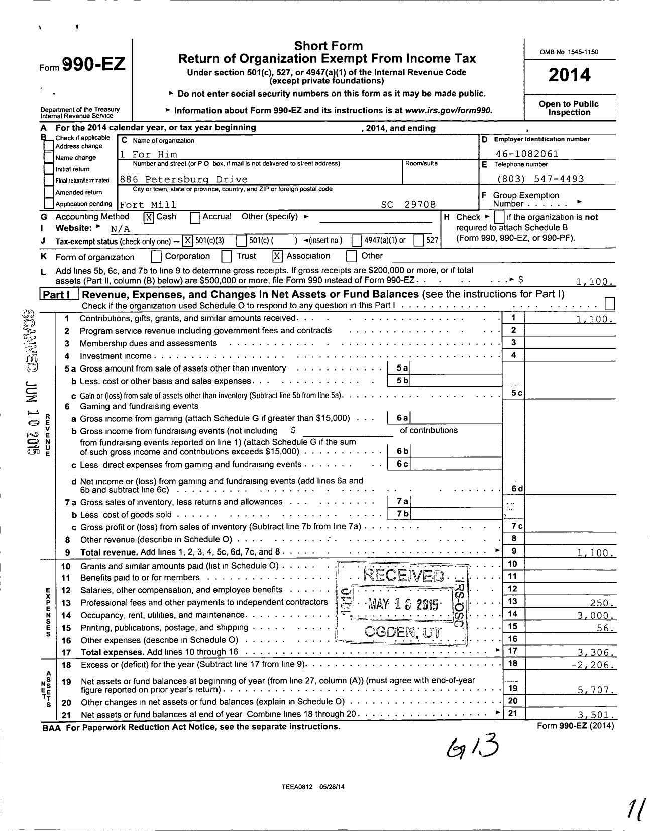 Image of first page of 2014 Form 990EZ for 1 For Him