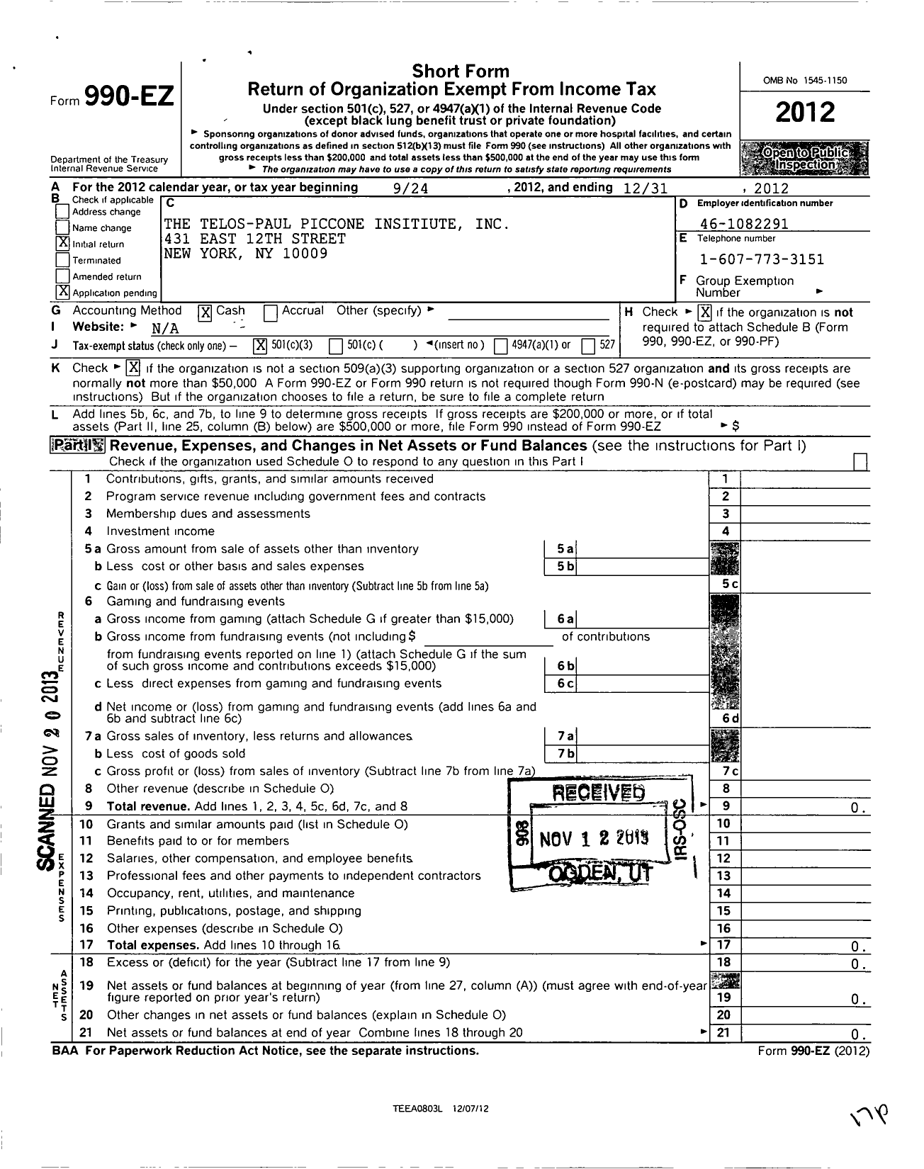 Image of first page of 2012 Form 990EZ for Telos-Paul Piccone Institute