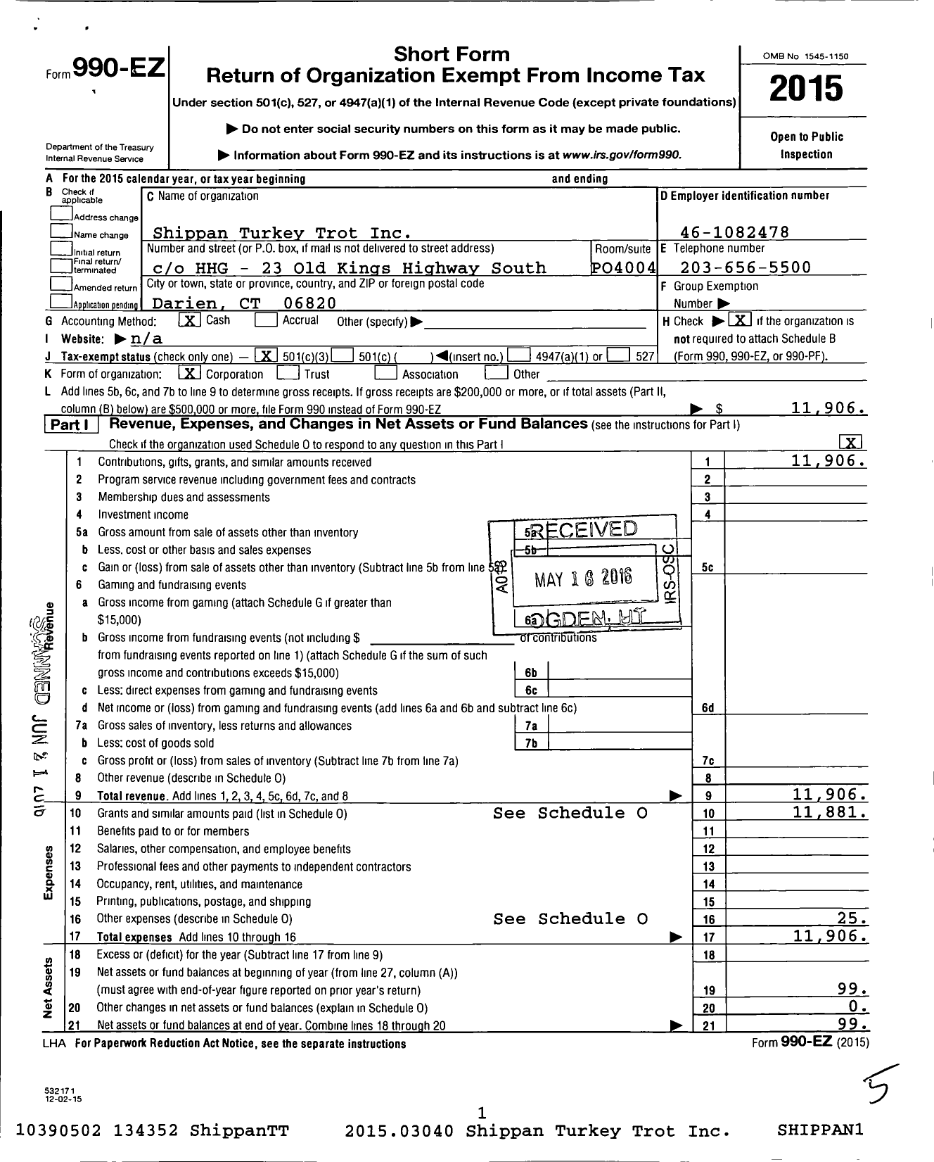 Image of first page of 2015 Form 990EZ for Shippan Turkey Trot