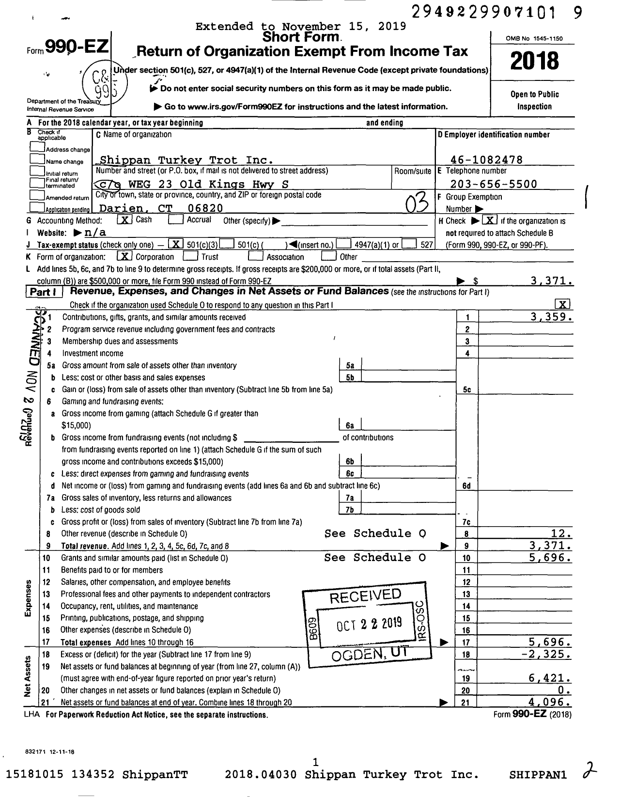 Image of first page of 2018 Form 990EZ for Shippan Turkey Trot