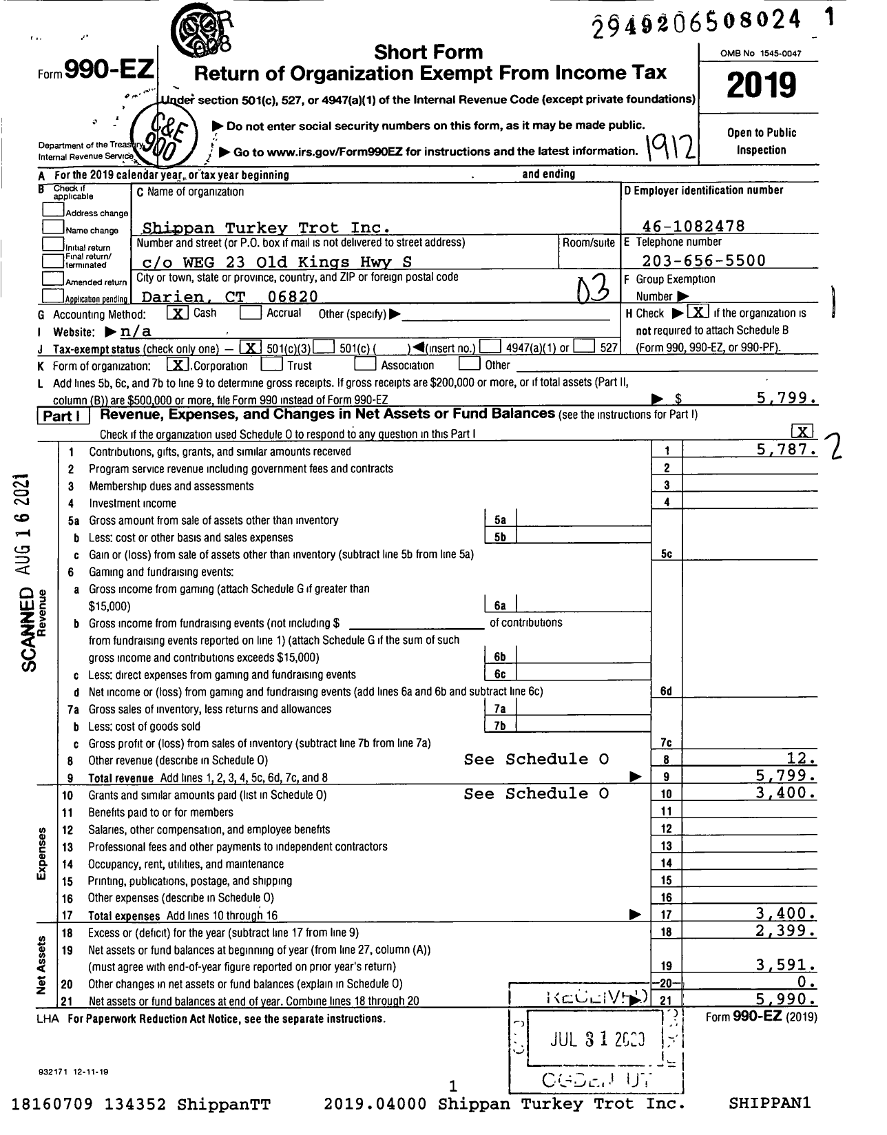 Image of first page of 2019 Form 990EZ for Shippan Turkey Trot