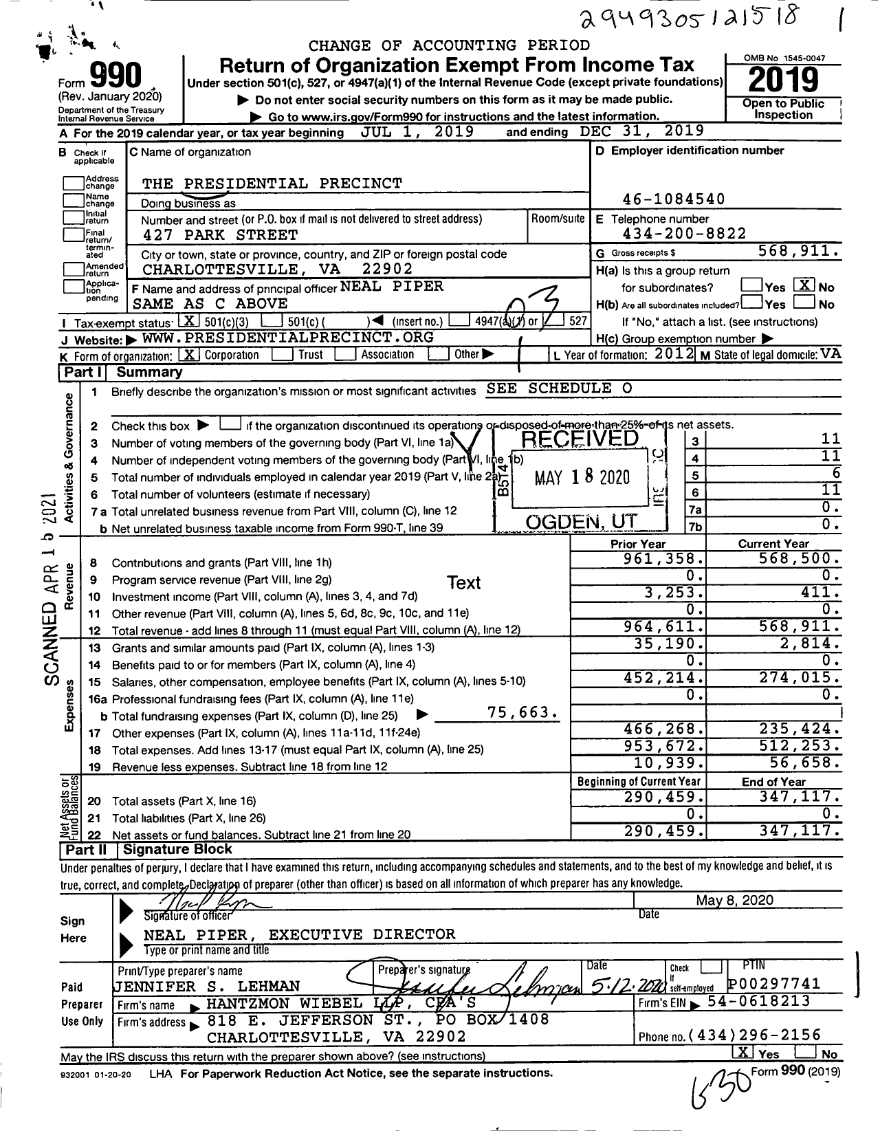 Image of first page of 2019 Form 990 for Presidential Precinct