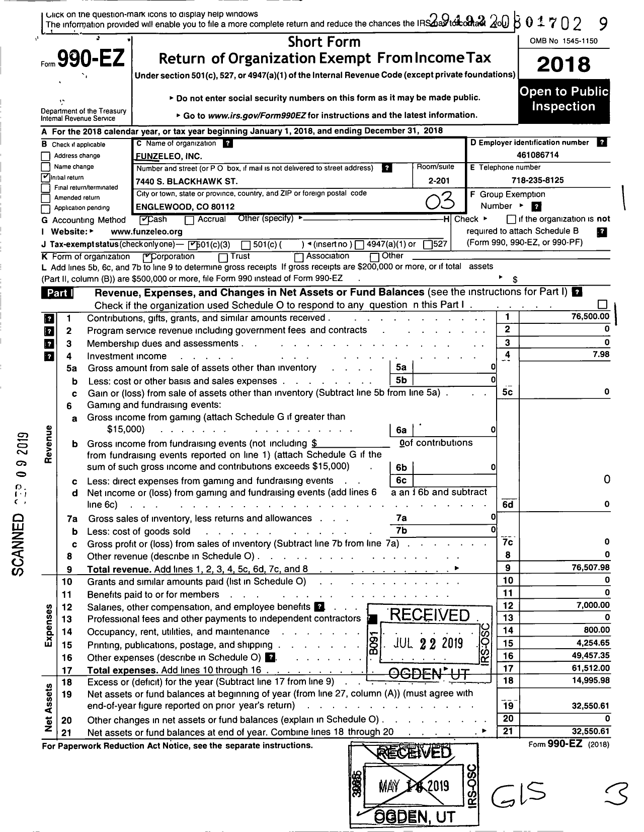 Image of first page of 2018 Form 990EZ for Funzeleo