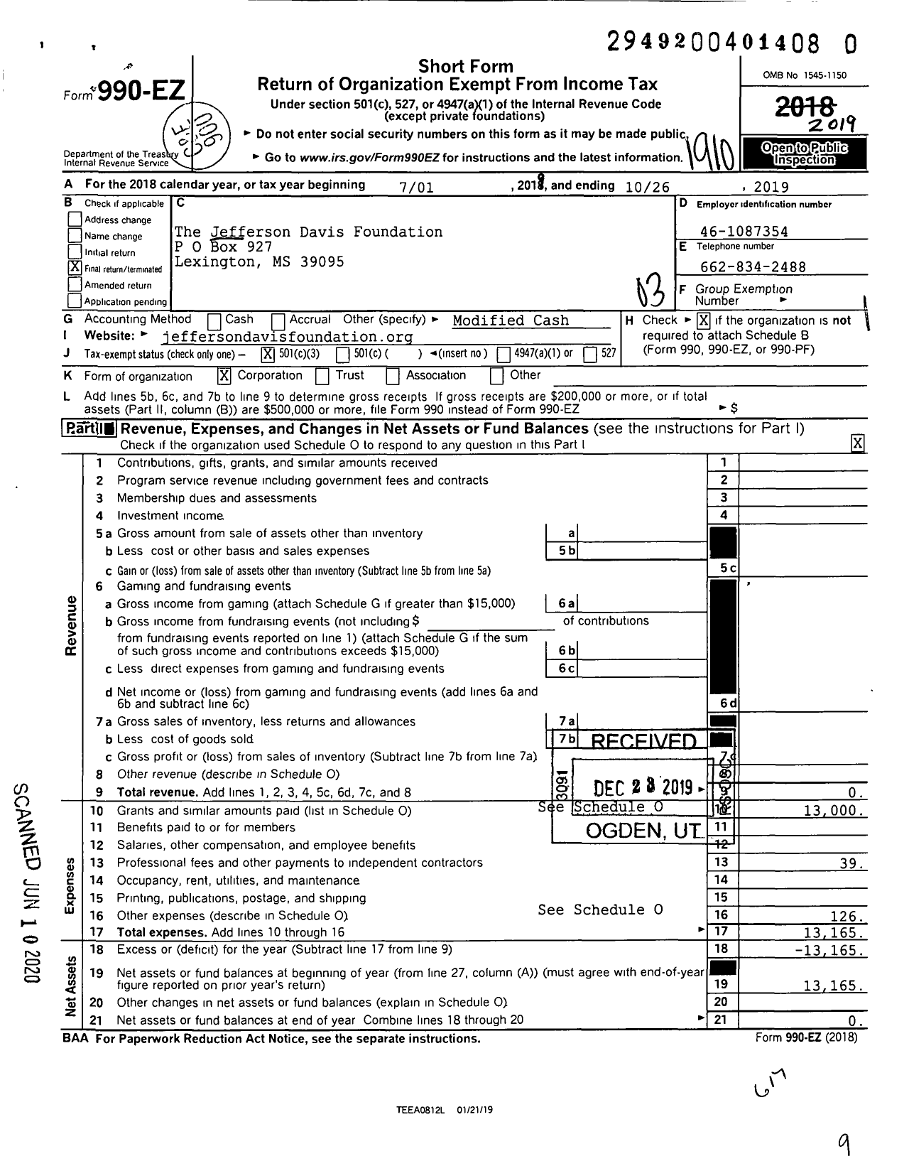 Image of first page of 2018 Form 990EZ for The Jefferson Davis Foundation