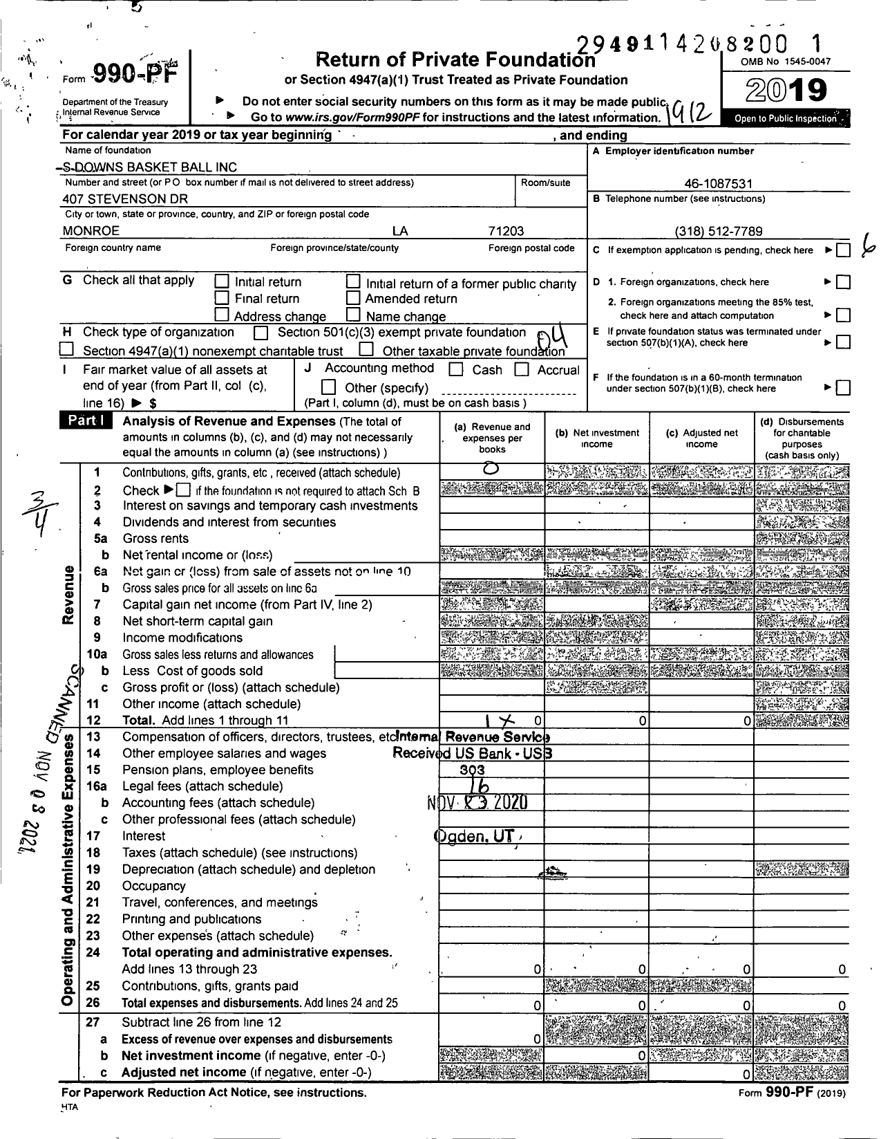 Image of first page of 2019 Form 990PF for S Downs Basket Ball