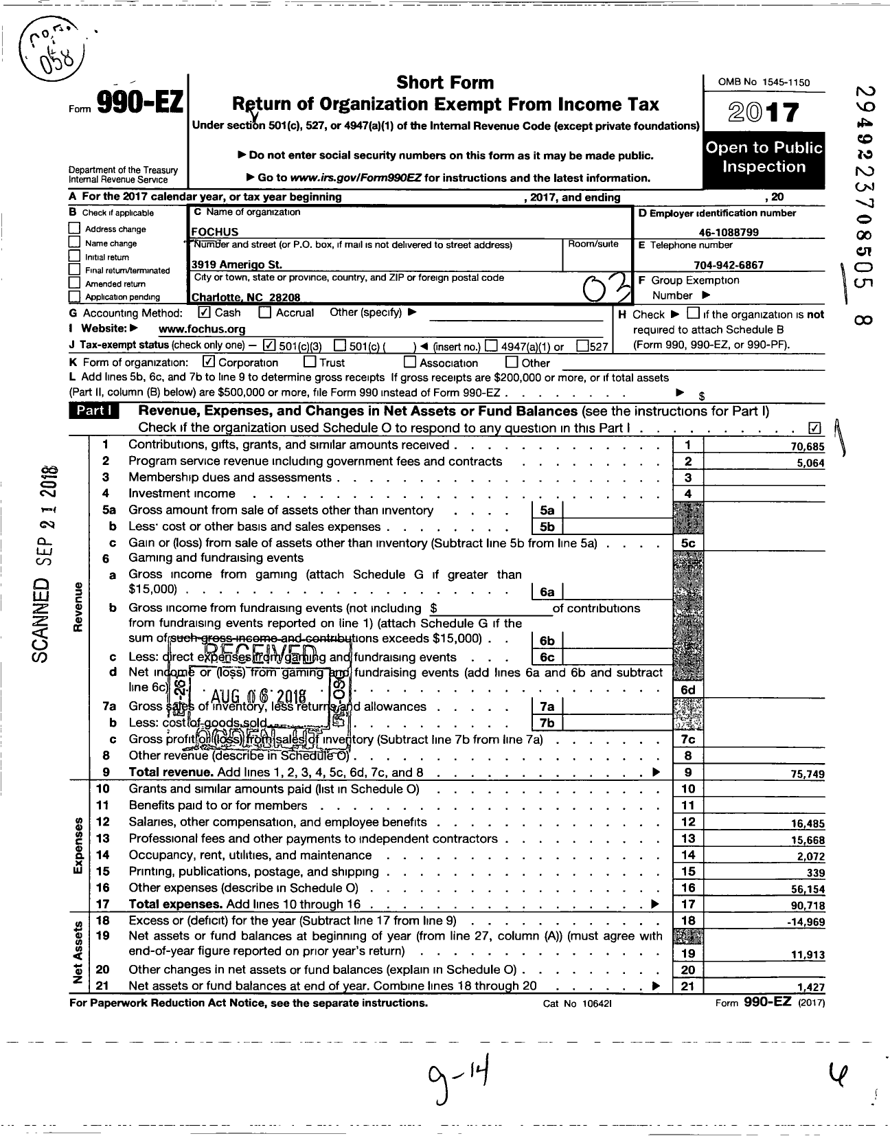 Image of first page of 2017 Form 990EZ for Friends of the Central Highlands in the United States (FOCHUS)