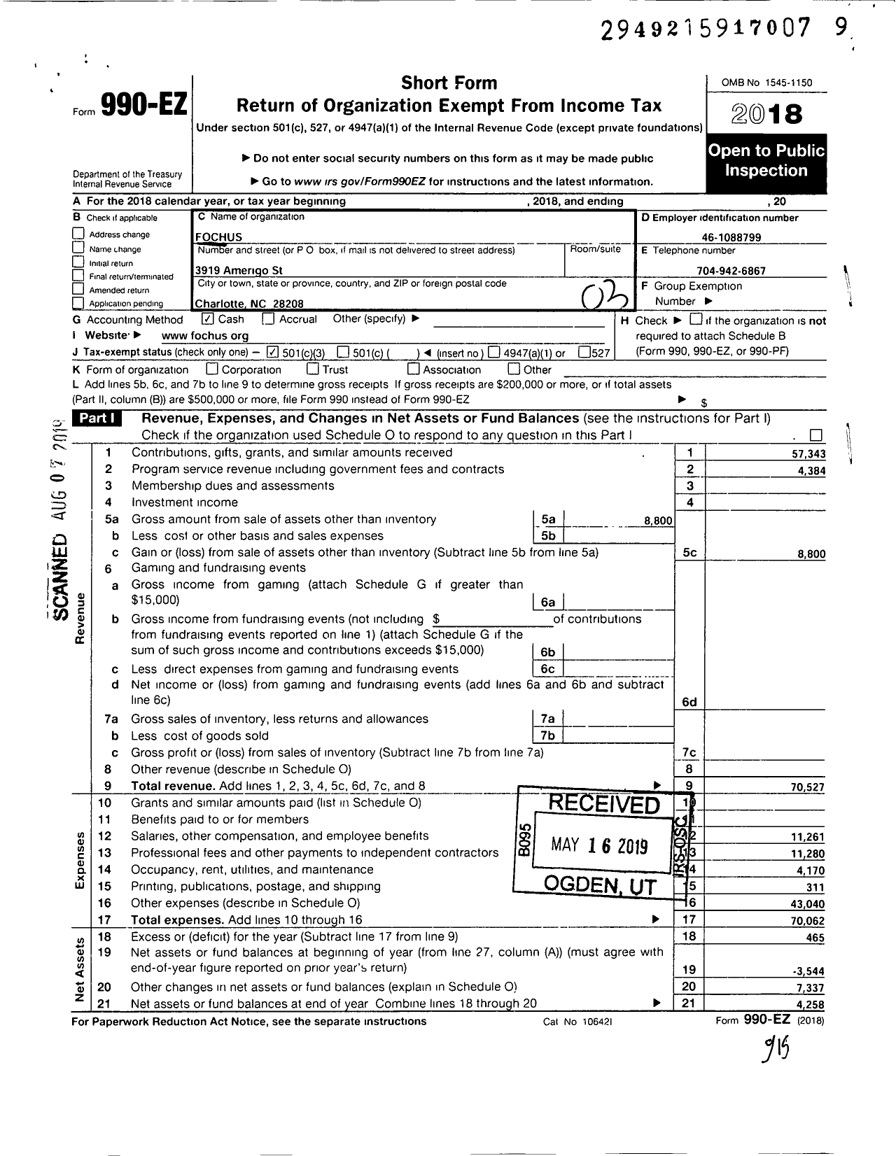 Image of first page of 2018 Form 990EZ for Friends of the Central Highlands in the United States (FOCHUS)