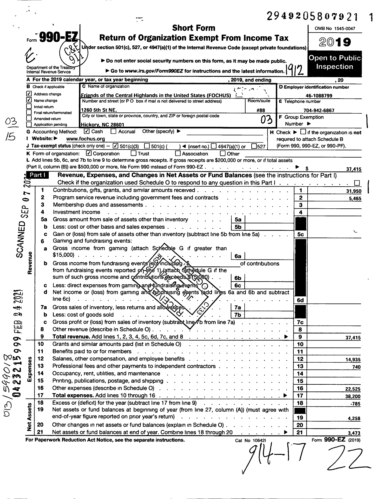 Image of first page of 2019 Form 990EZ for Friends of the Central Highlands in the United States (FOCHUS)