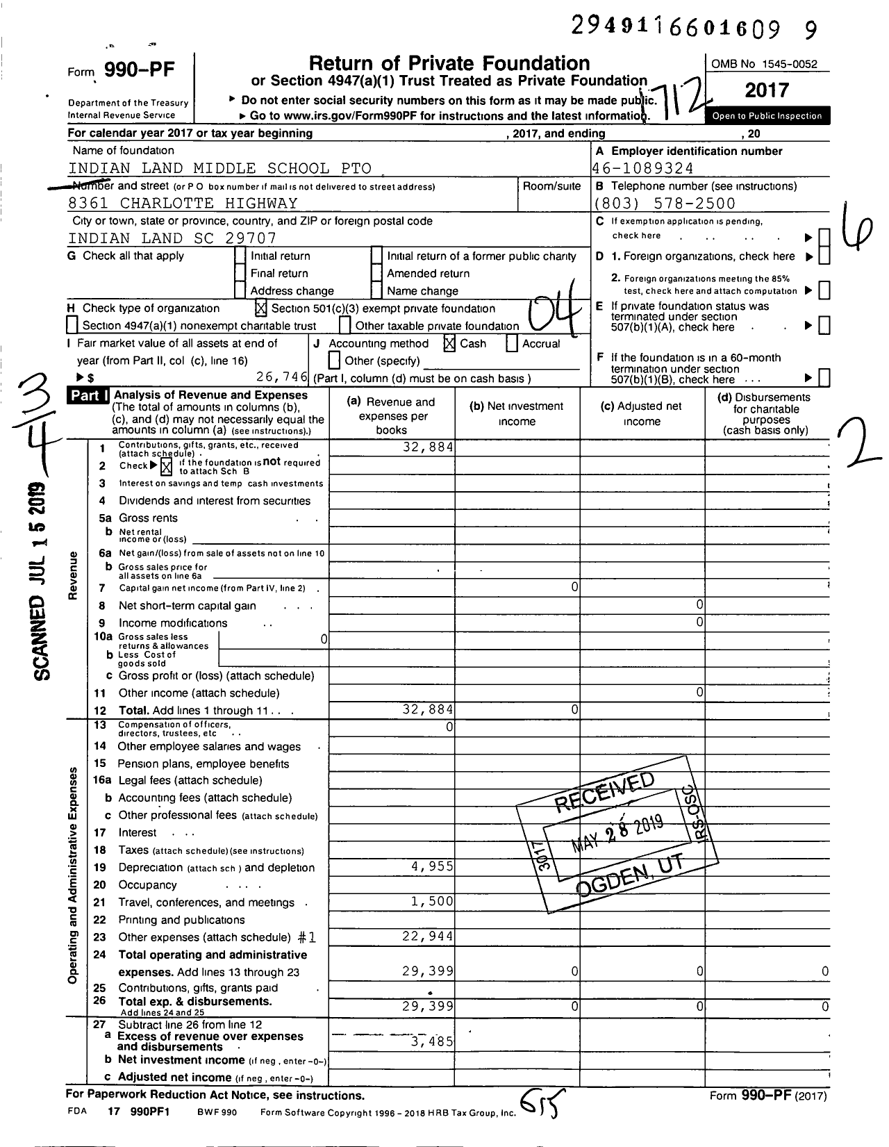 Image of first page of 2017 Form 990PF for Pto Indian Land Middle School