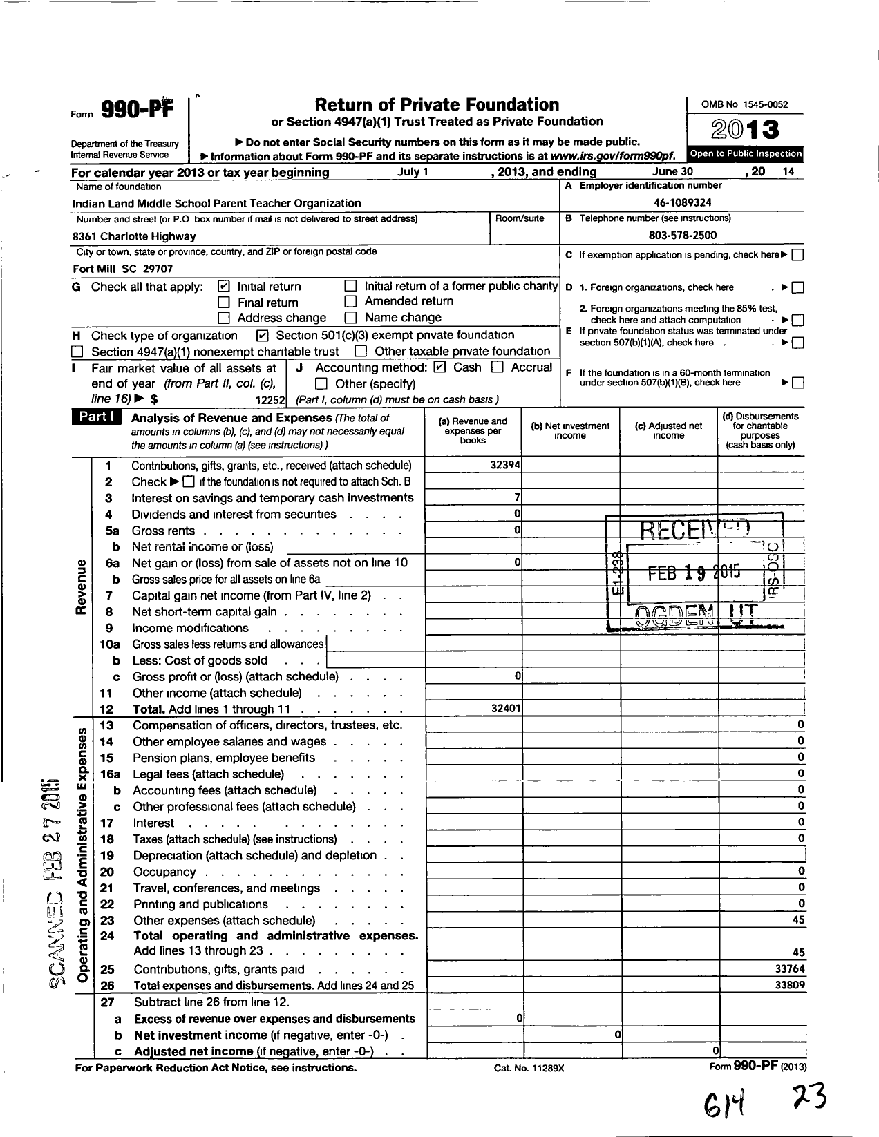 Image of first page of 2013 Form 990PF for Pto Indian Land Middle School