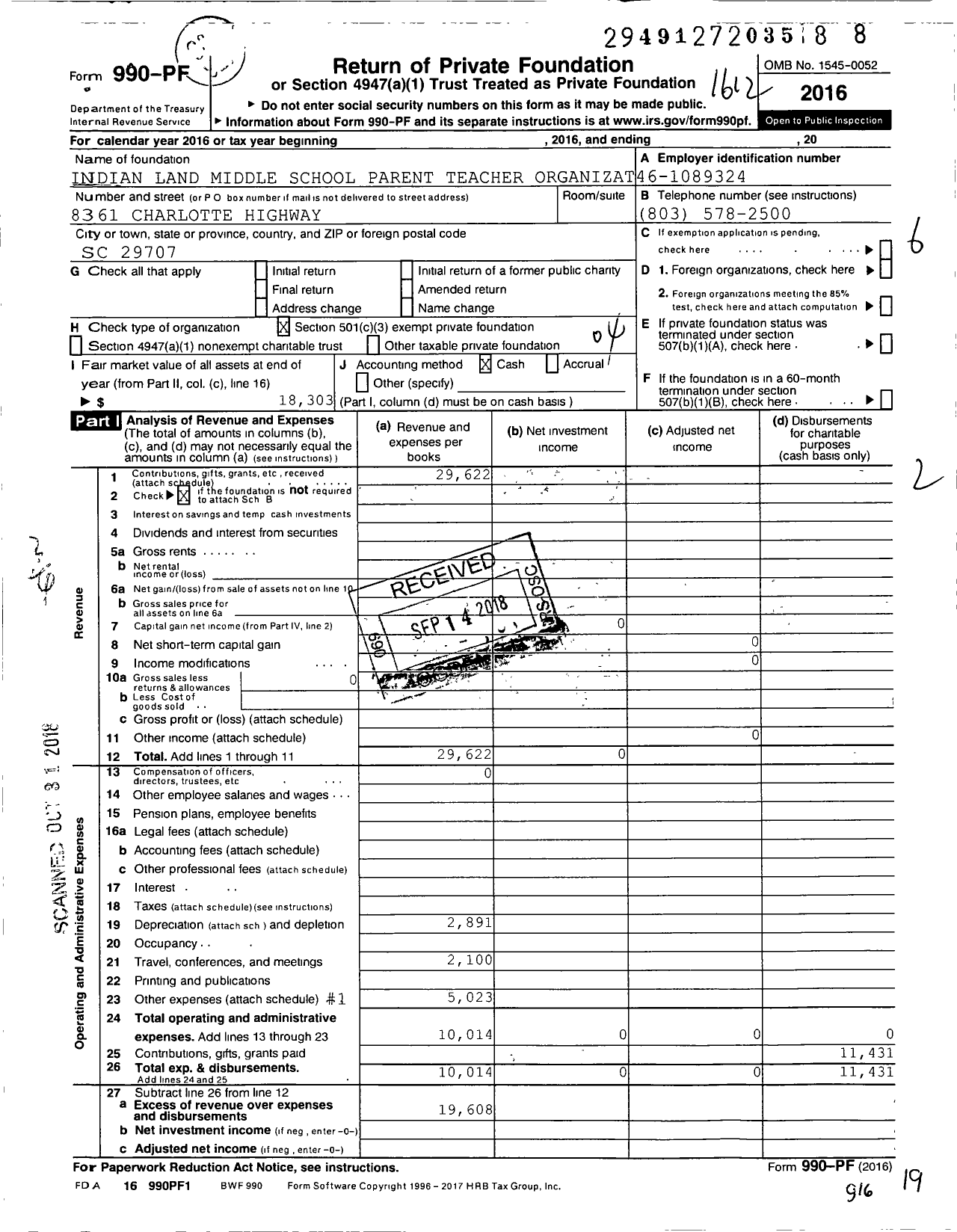 Image of first page of 2016 Form 990PF for Pto Indian Land Middle School