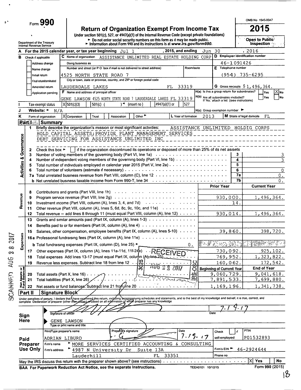 Image of first page of 2015 Form 990 for Assistance Unlimited Real Estate Holding Corporation