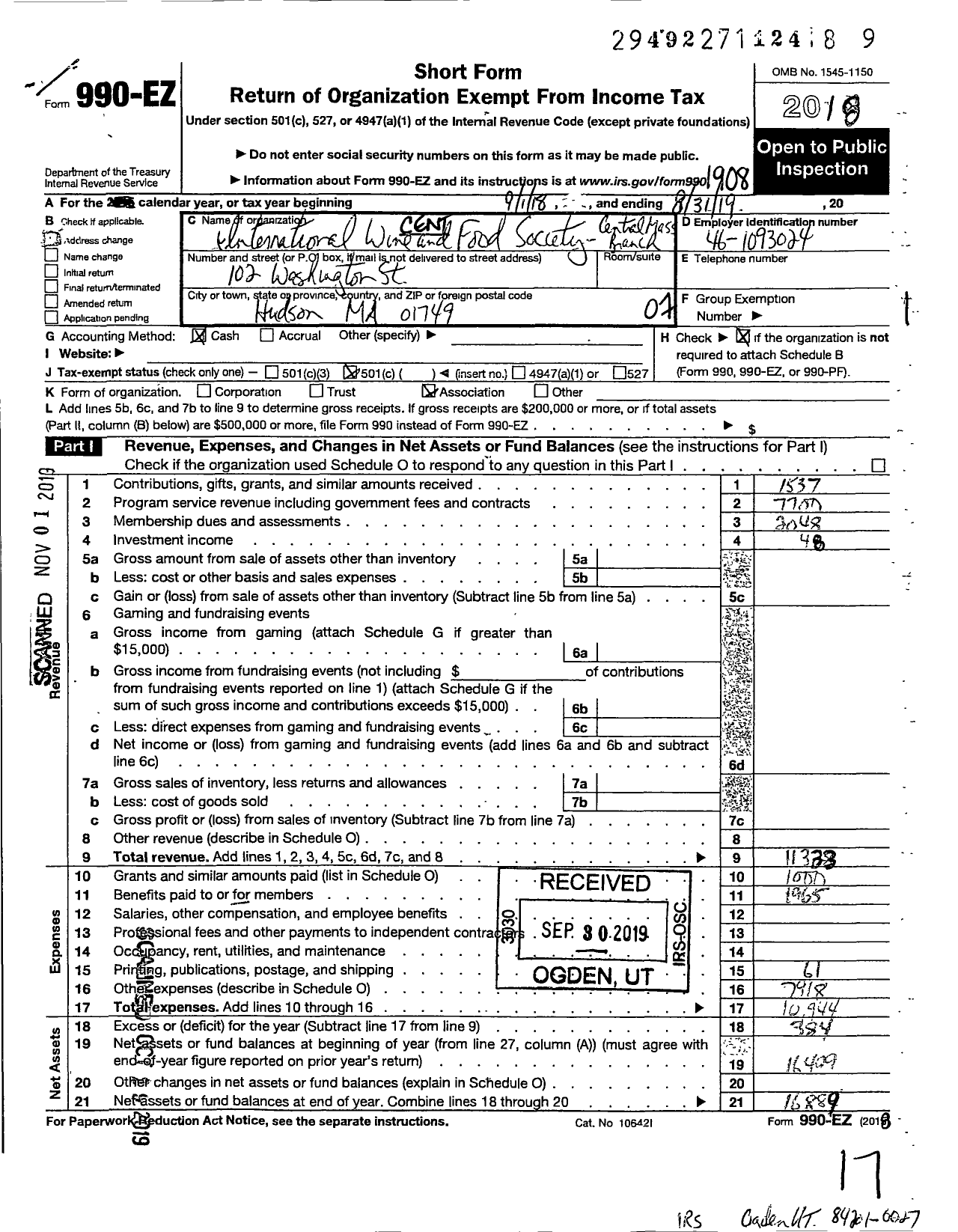 Image of first page of 2018 Form 990EO for Central Massachusetts Branch of the International Wine and Food Society