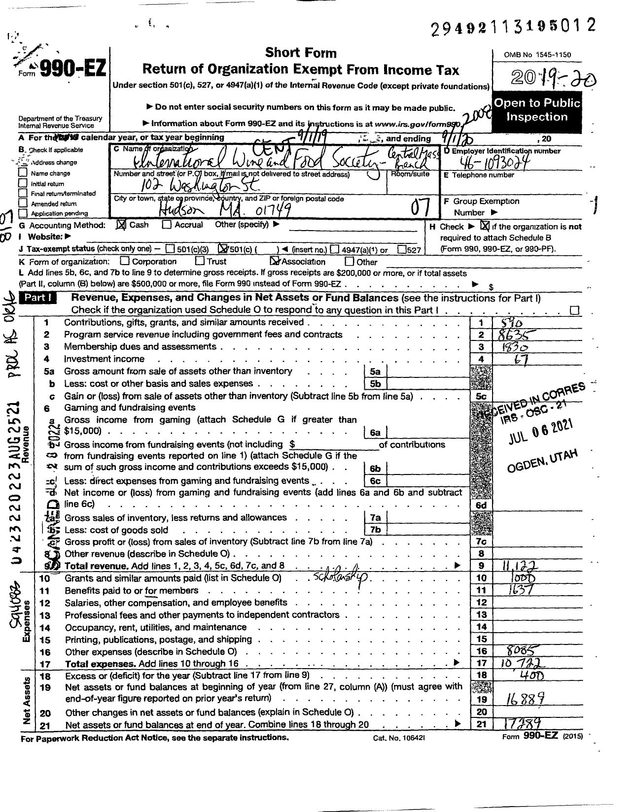 Image of first page of 2019 Form 990EO for Central Massachusetts Branch of the International Wine and Food Society