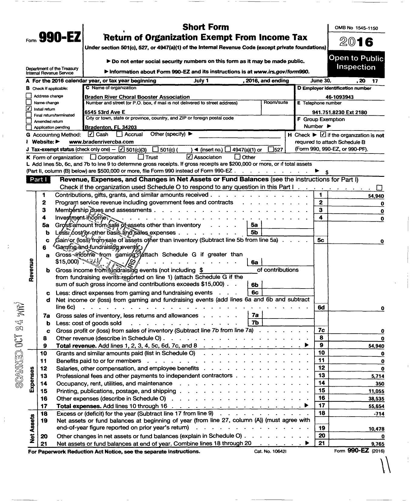 Image of first page of 2016 Form 990EZ for Braden River Choral Boosters Association