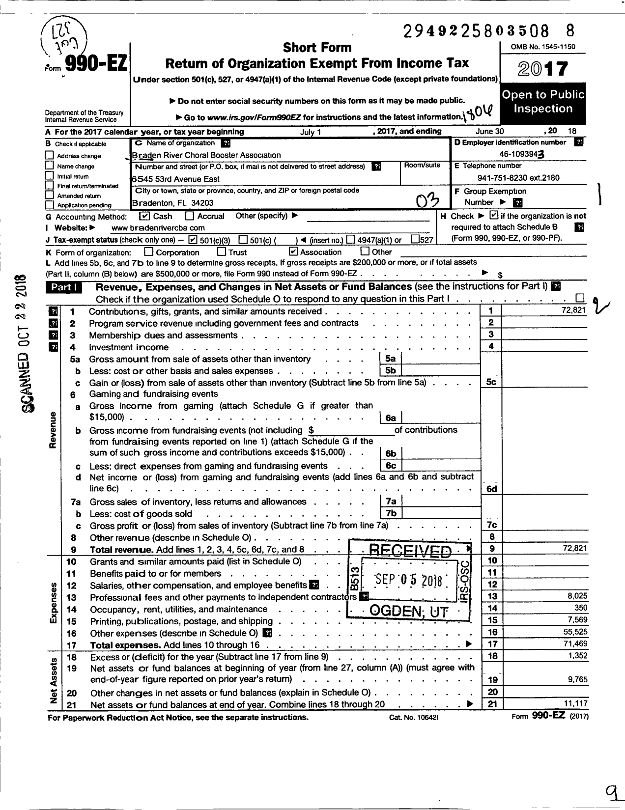 Image of first page of 2017 Form 990EZ for Parent Booster USA / Braden River Choral Booster Associa