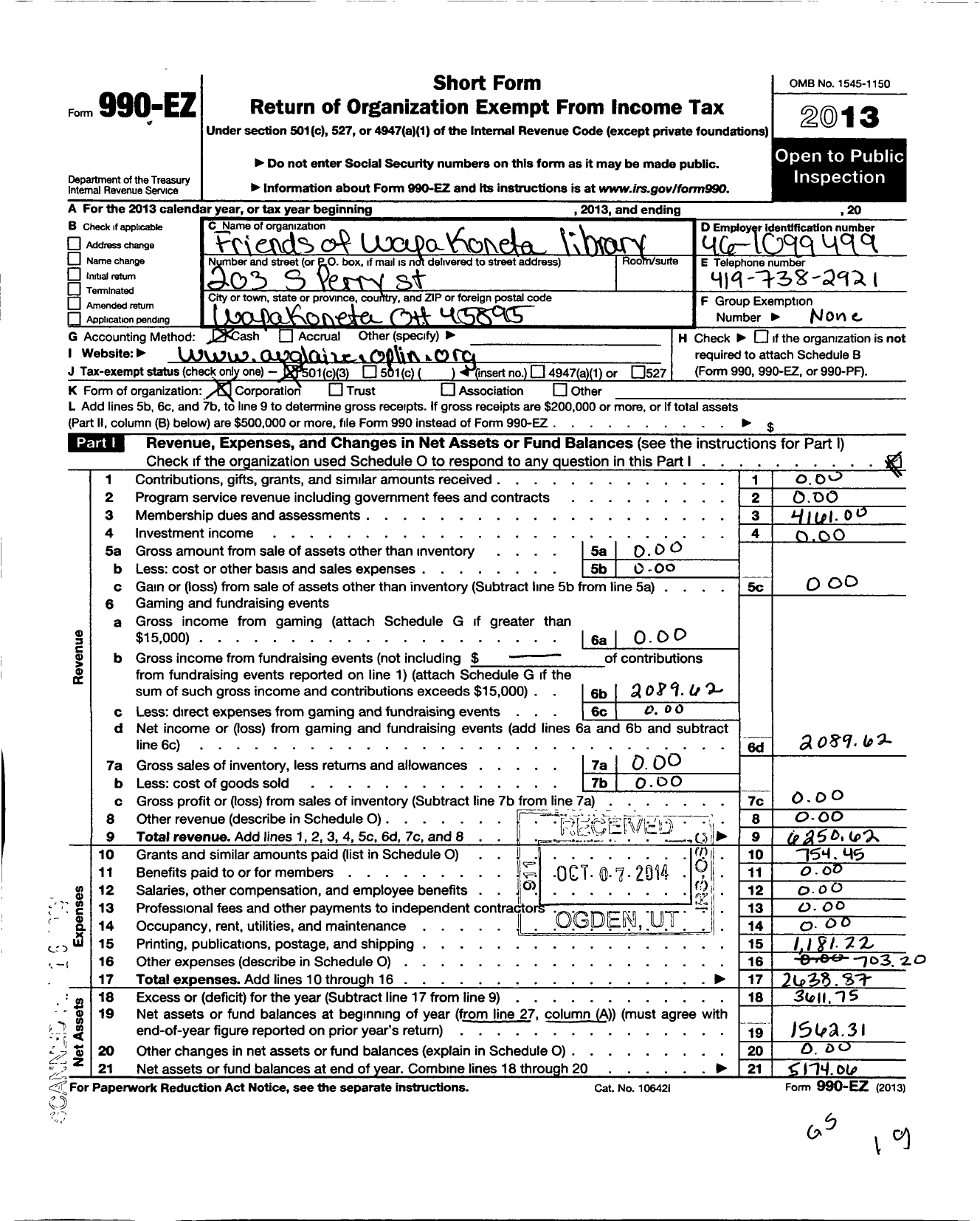 Image of first page of 2013 Form 990EZ for Friends of the Wapakoneta Public Library