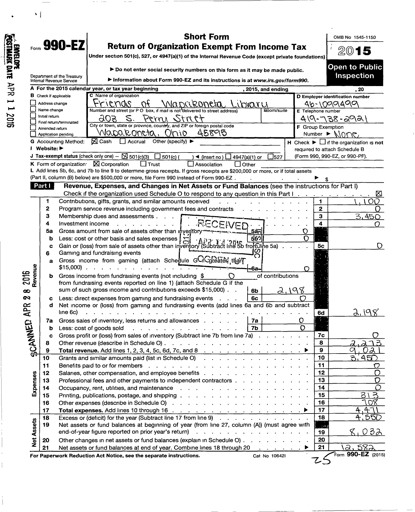 Image of first page of 2015 Form 990EZ for Friends of the Wapakoneta Public Library